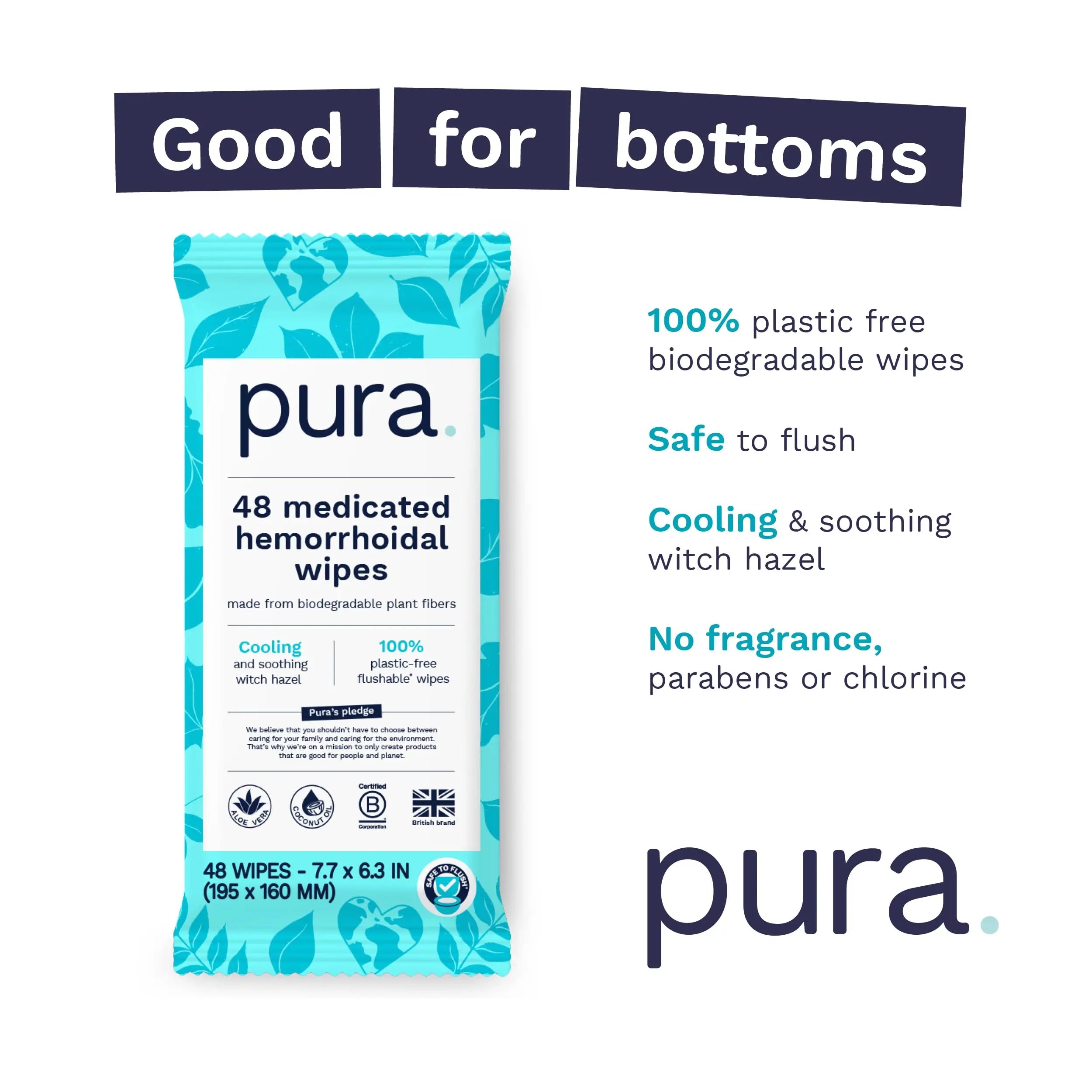 Pura Flushable Hemorrhoid Wipes XL, 48 Count, Medicated with Cooling Witch Hazel, Aloe & Coconut Oil, Fast Relief, Fragrance-Free, 100% Plastic-Free Pura Au supplements
