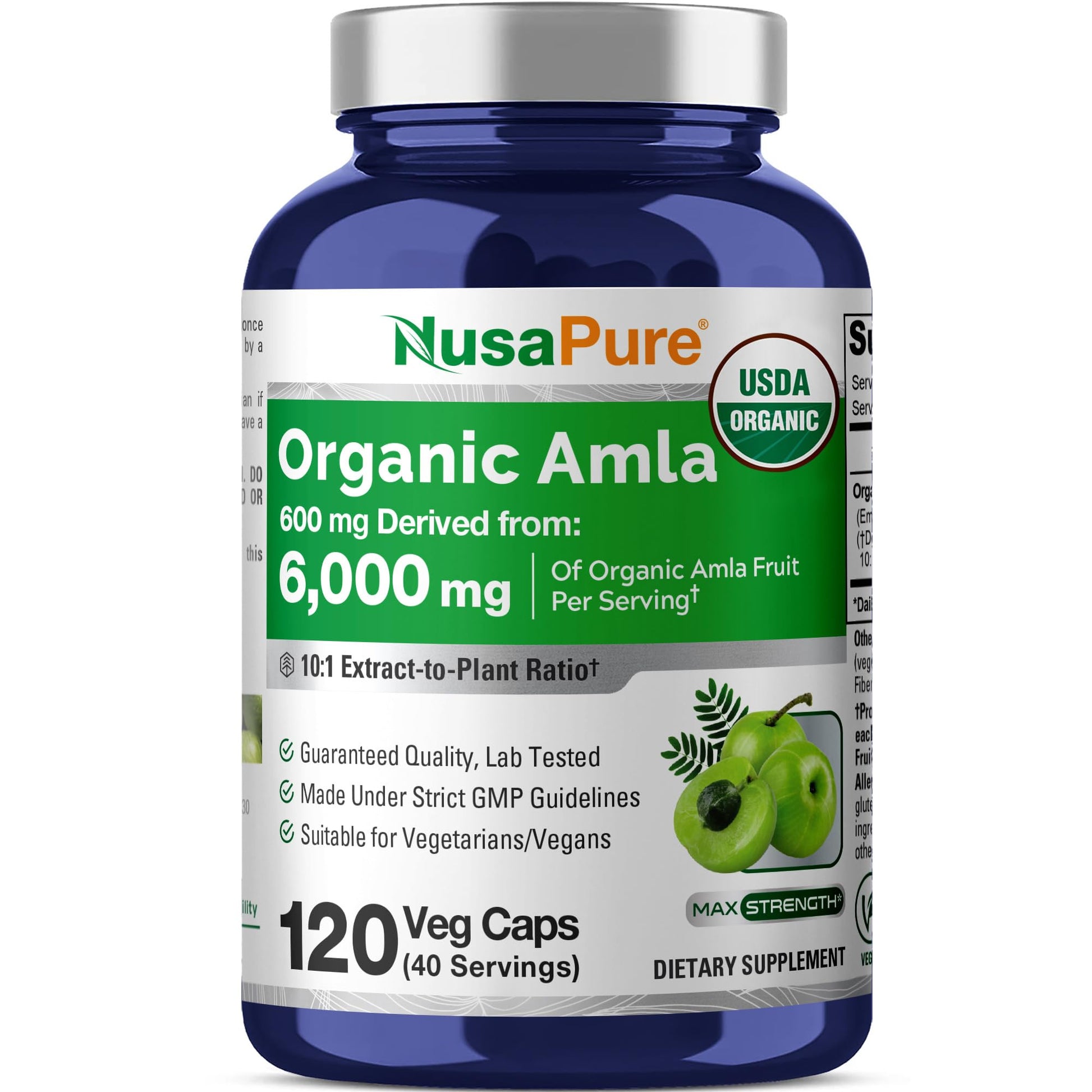 NusaPure Organic Amla Capsules 10:1 Extract, 600 mg Equivalent to 6,000mg | 120 Count | Amalaki Fruit | USDA, Vegan, Non-GMO Supplement NusaPure Au supplements