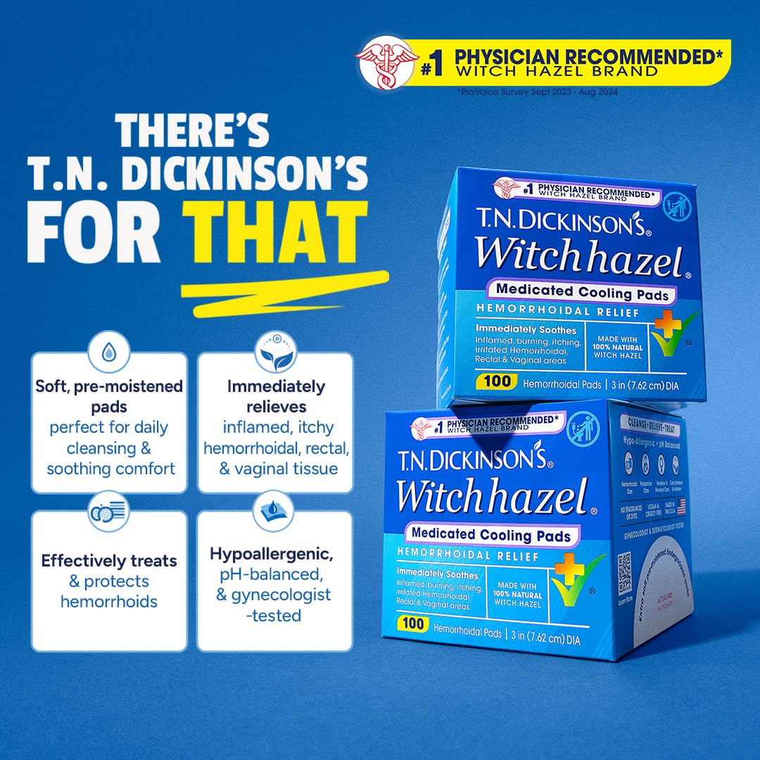 T.N. Dickinson’s Medicated Cooling Pads with Witch Hazel and Aloe | Hemorrhoid Treatment, Postpartum Care, Feminine & Rectal Relief | 100 Rounds T.N. Dickinson's Au supplements