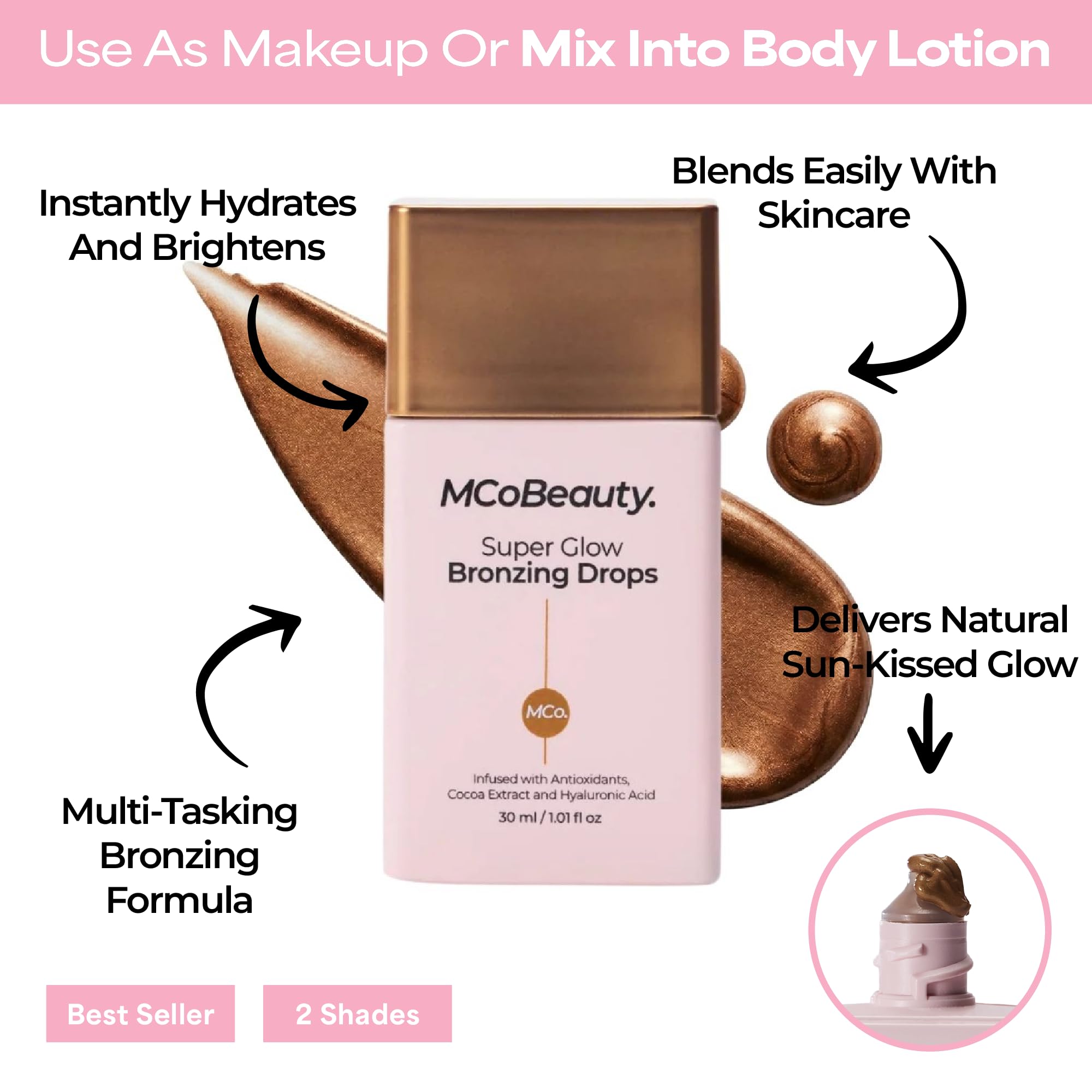 MCoBeauty - Super Glow Bronzing Drops - Effortless Face Tan with Shimmer Formula - Face Care, Bronze Drops - Contains Hyaluronic Acid, White Tea Extract, Cocoa Extract and More MCoBeauty Au supplements