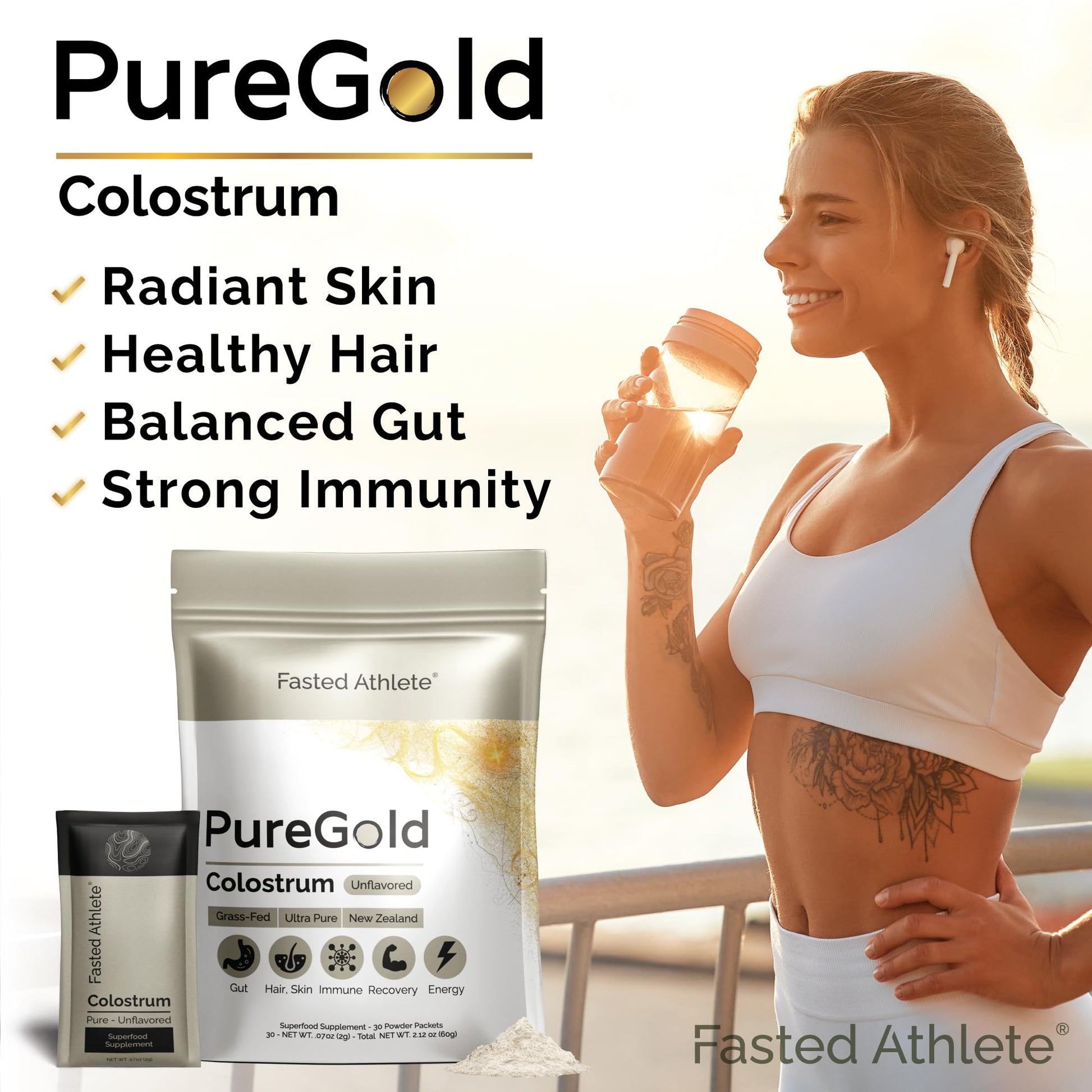 PureGold - Bovine Colostrum Powder - 100% Pure New Zealand Grass Fed, Supports Gut Health, Skin, Hair, & Immunity – Colostrum Supplement, Unflavored, 30 Travel Packets Fasted Athlete Au supplements