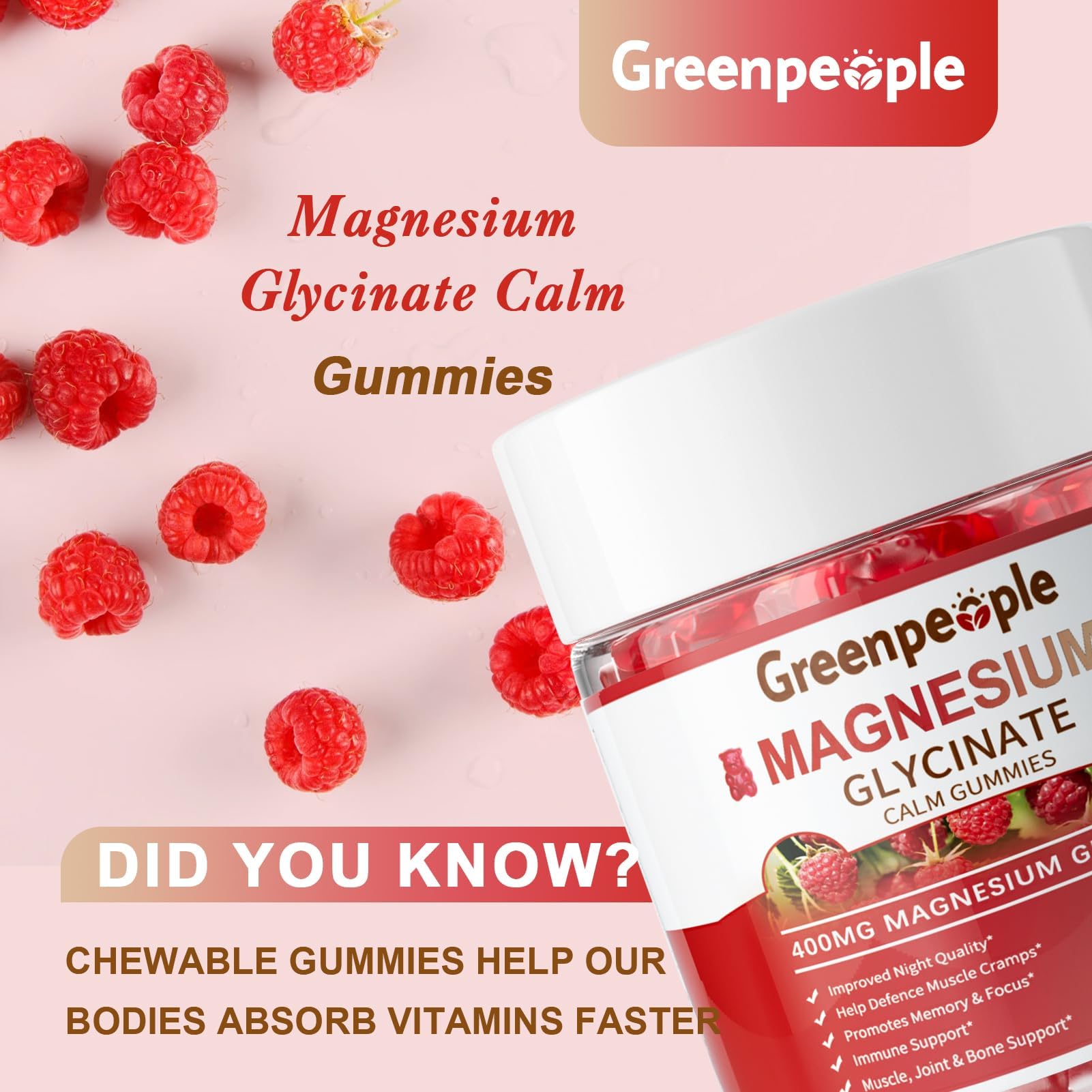 GREENPEOPLE Magnesium Glycinate Gummies 400mg - Sugar Free Magnesium Supplement with Magnesio Citrate, Vitamin D, and B6 for Calm Support & Sleep for Adults - High Absorption - Raspberry Gummies GREENPEOPLE Au supplements