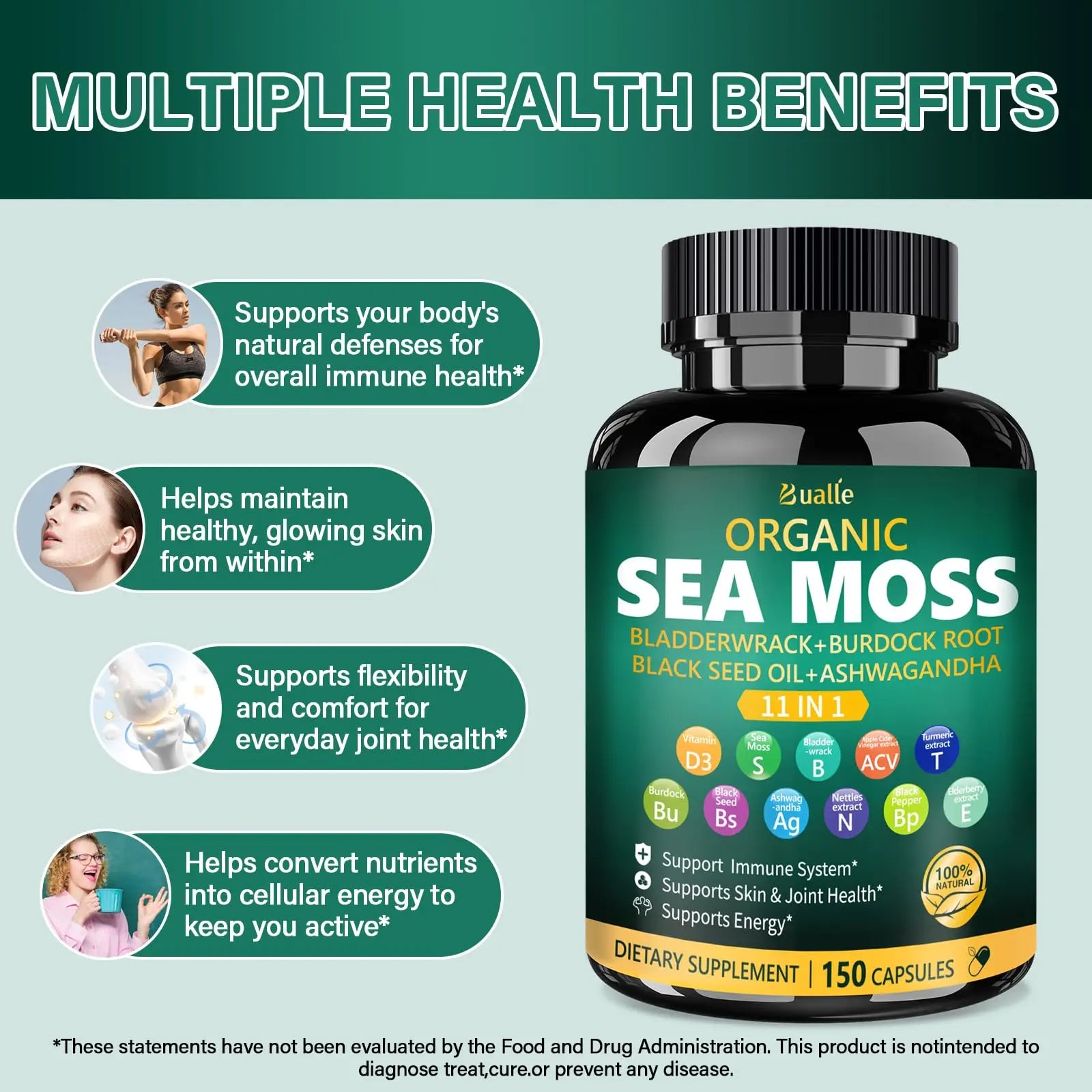 Bualle Irish Sea Moss Capsules – Organic Sea Moss, Black Seed Oil, Ashwagandha Supplements with Bladderwrack, Ginger & Burdock Root – Supports Daily Wellness, Skin & Energy – 150 Count (1 Pack) Bualle Au supplements