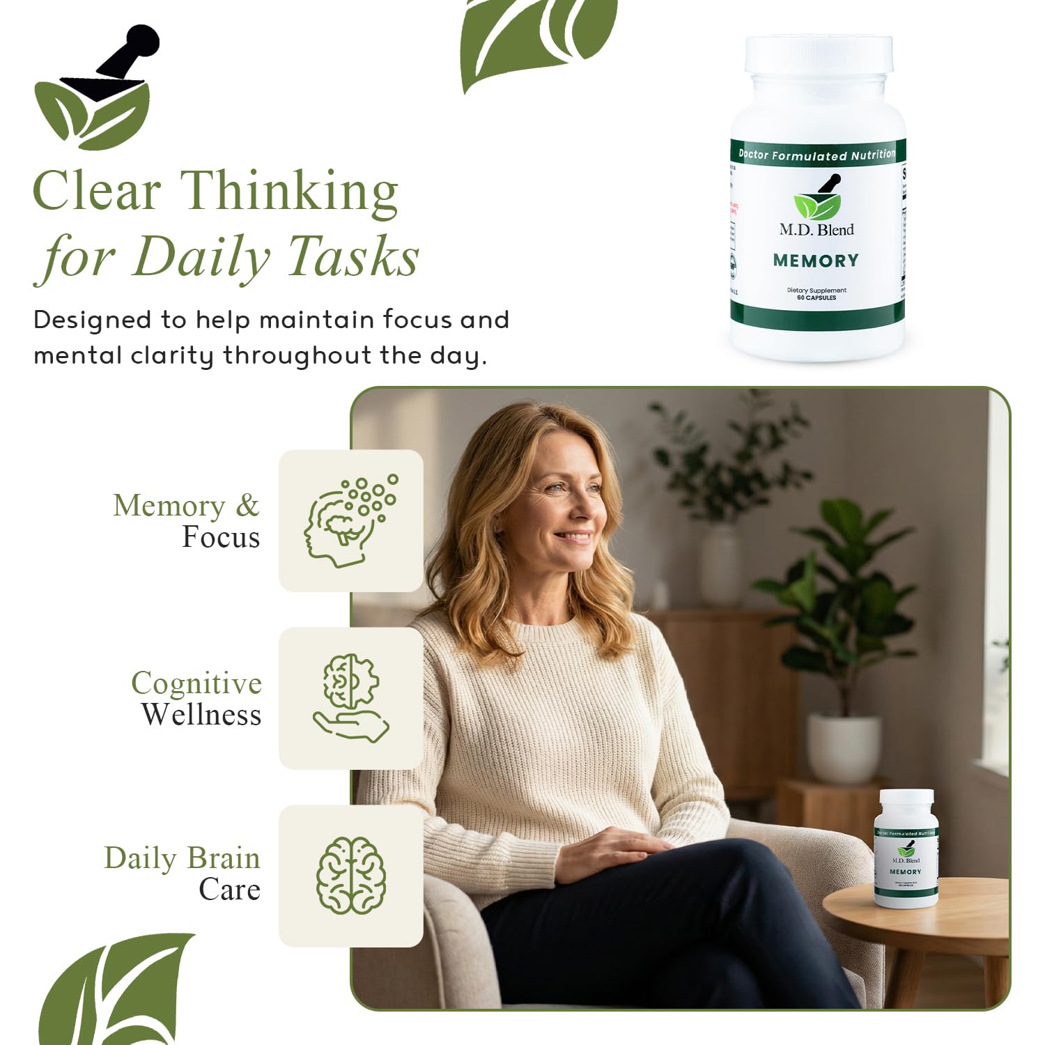 M.D. Blend Brain Support for Memory and Focus - Brain Supplement for Memory & Neural Function - Premium L-Tyrosine, Phosphatidylserine, Bacopa Monnieri Focus Supplement, 30 Capsules (Pack of 1) M.D. Blend Au supplements