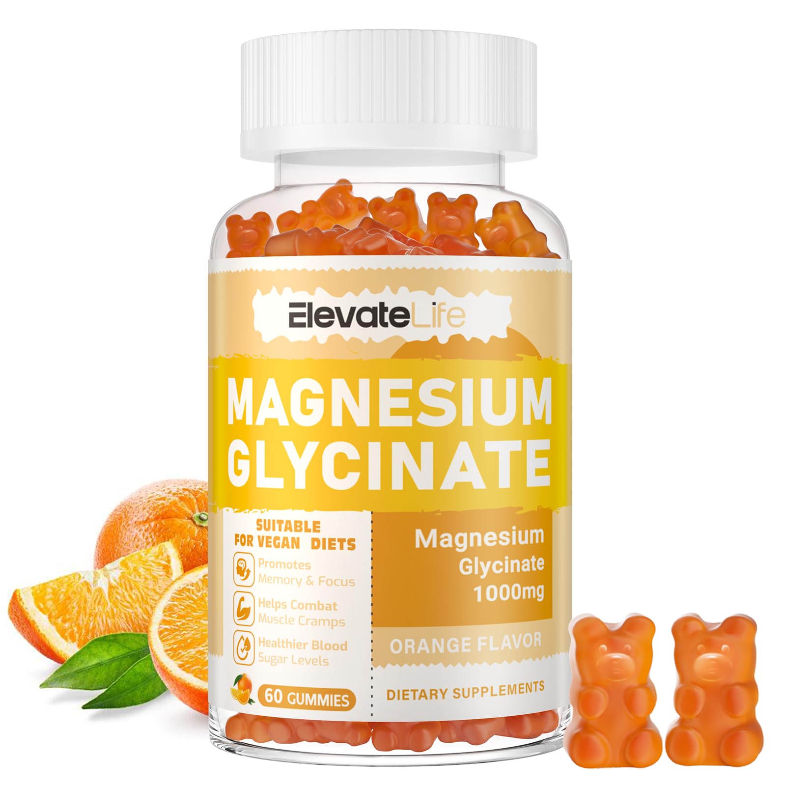 Magnesium Glycinate Gummies 1000mg - Sugar Free Magnesium Potassium Supplement with Vitamin D, B6, CoQ10 for Calm Mood & Sleep Support - 60 Orange Gummies ElevateLife Au supplements