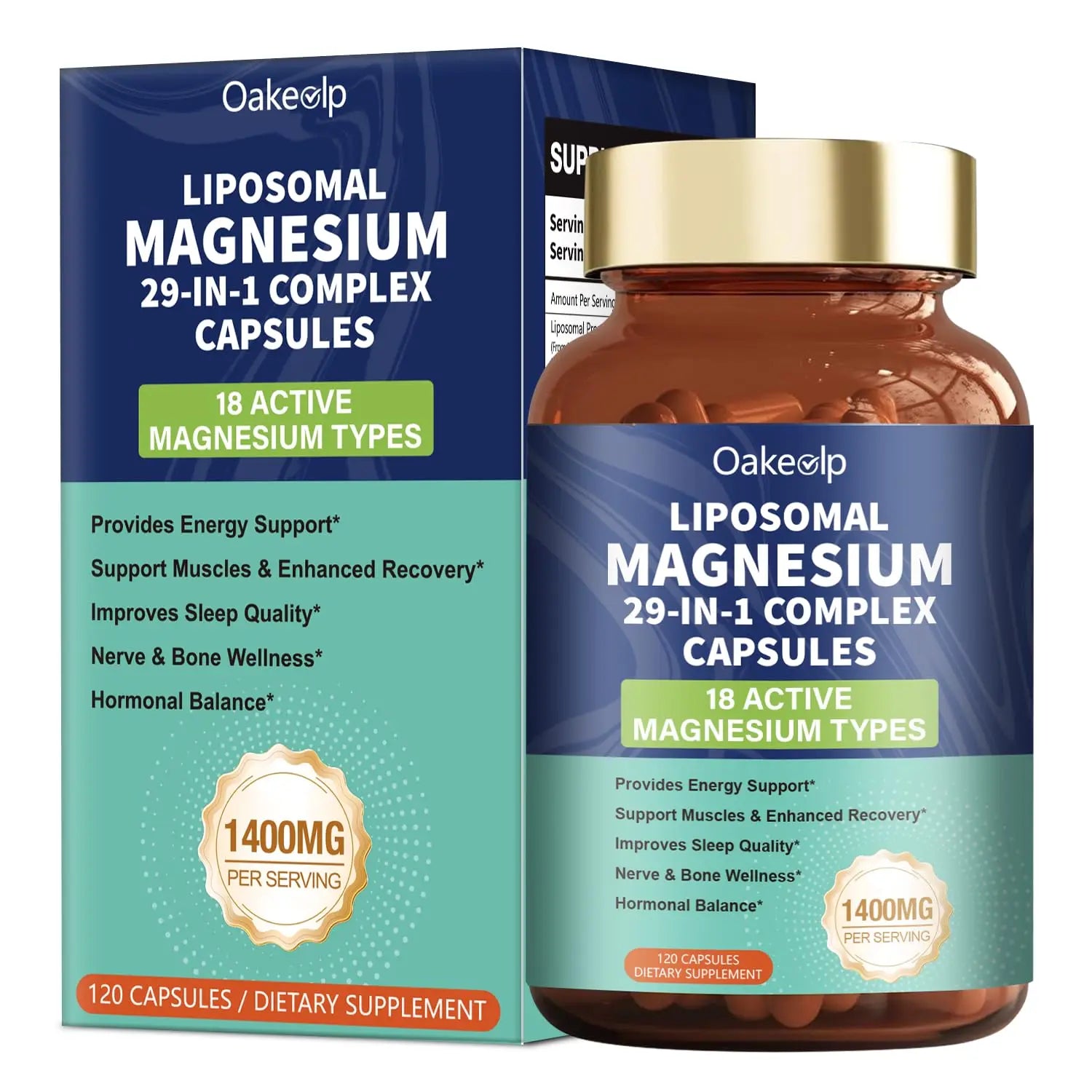 29-in-1 Liposomal 18 Active Types Magnesium Complex 1400MG Capsule,L-Threonate Glycinate Malate etc,Mild & Efficient,Extra Vitamin B6 B12 D3K2 & CoQ10, Relaxation Nerve* & Hert* Support Oakevlp Au supplements