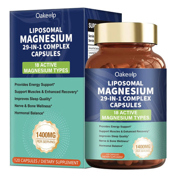 29-in-1 Liposomal 18 Active Types Magnesium Complex 1400MG Capsule,L-Threonate Glycinate Malate etc,Mild & Efficient,Extra Vitamin B6 B12 D3K2 & CoQ10, Relaxation Nerve* & Hert* Support Oakevlp Au supplements