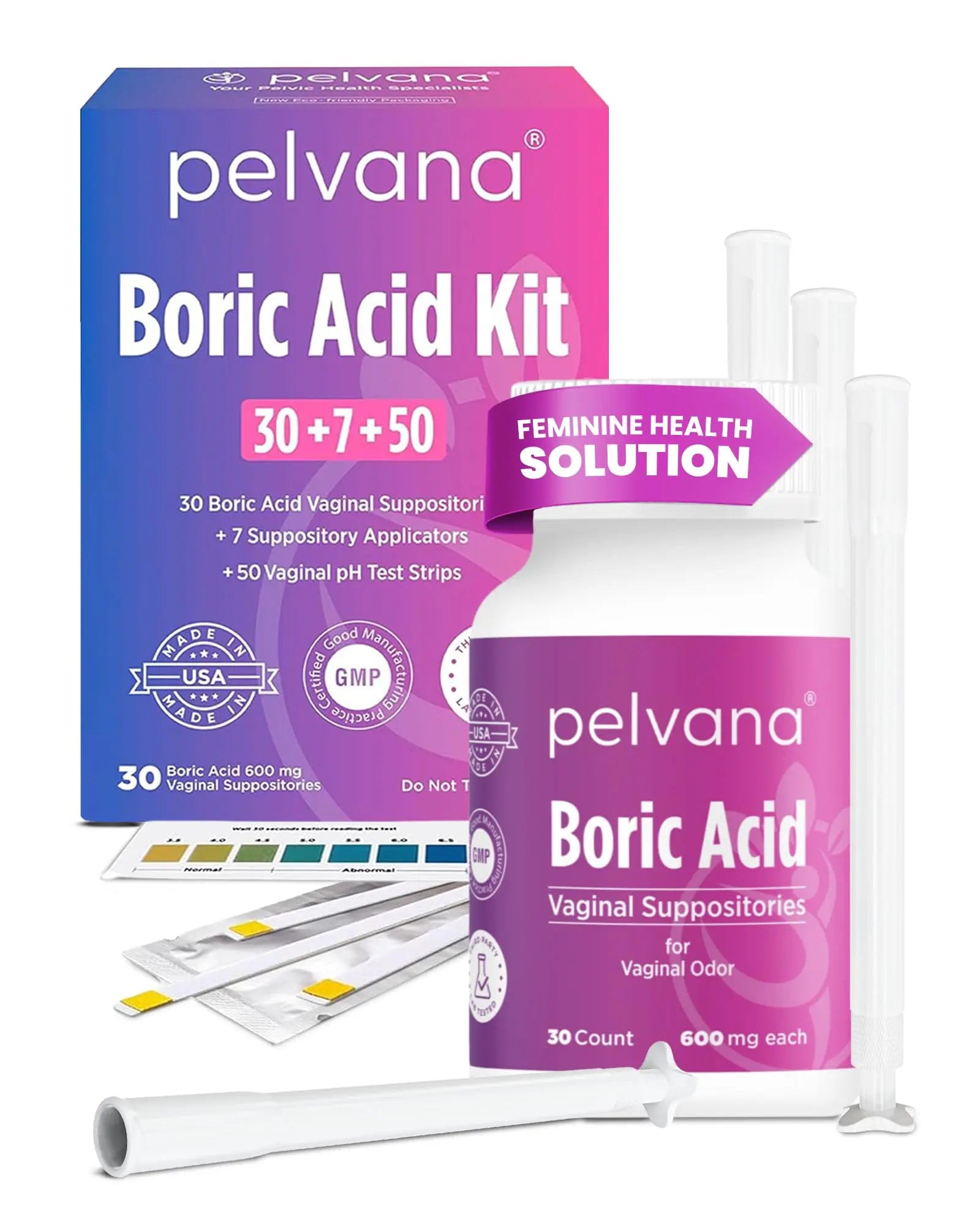 Pelvana Boric Acid Suppositories for Women 30 + 7 Applicators + 50 pH Test Strips, Total of 87 Piece Kit for Vaginal Odor - Third-Party Verified & Bottled in The USA - Feminine Health Odor Solution Pelvana Au supplements