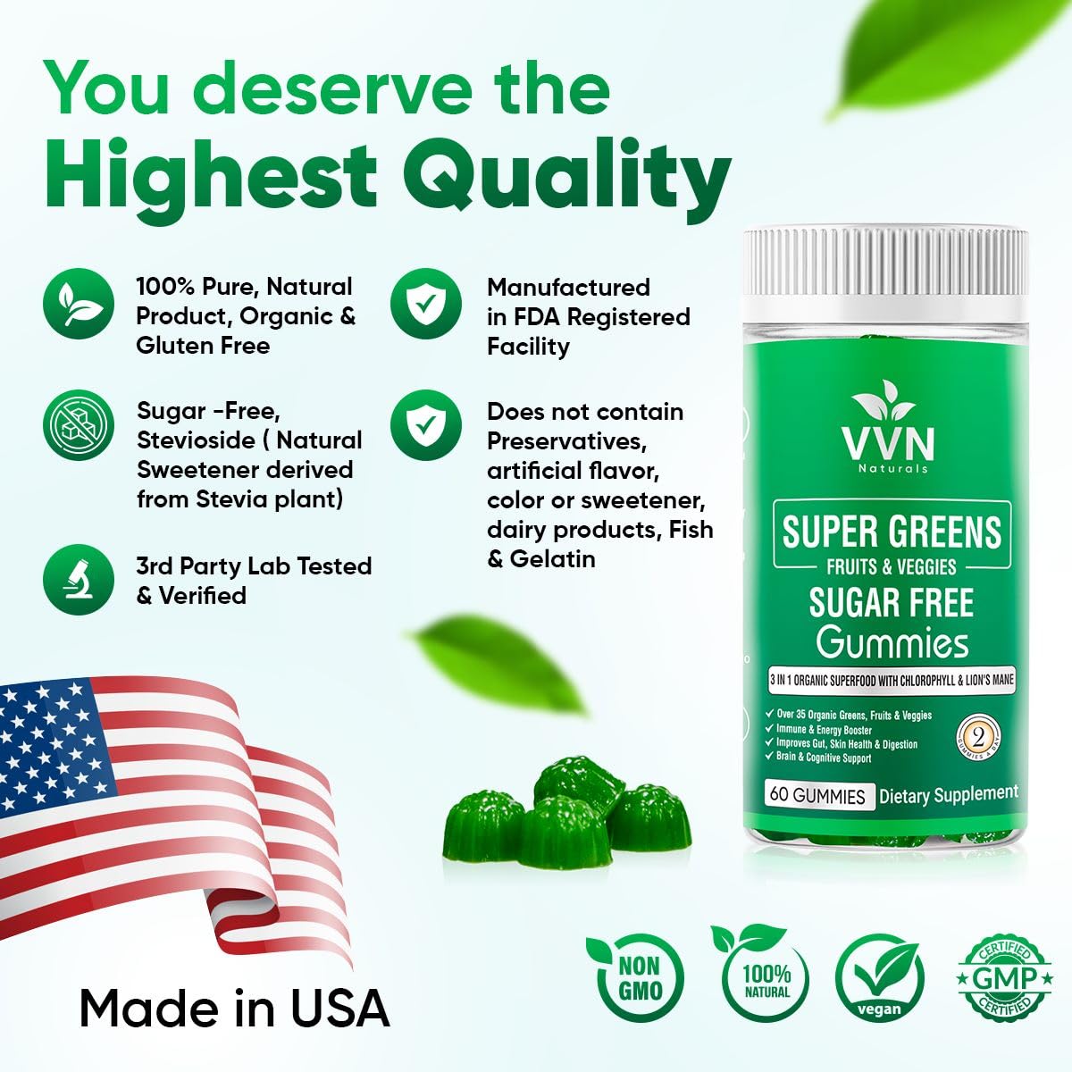 Sugar-Free Real Organic Fruits, Super Greens and Veggies Gummies | 35+ Nutritious & Healthy Greens, Fruits, and Vegetables for Improved Immunity, Skin Health & Energy Boost|60 Vegan Gummies VVN Naturals Au supplements
