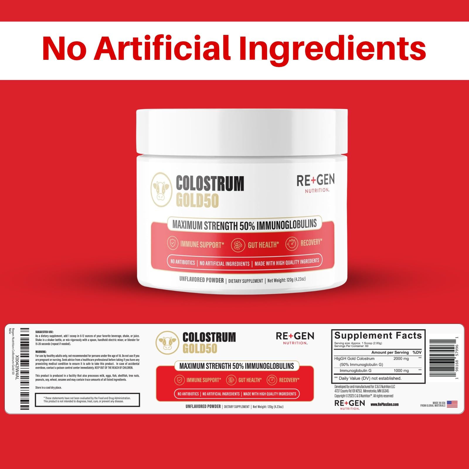 Re+Gen Nutrition Colostrum Gold 50 Bovine Colostrum Powder for Gut Health, Immune Support & Muscle Recovery – 50% IgG Concentration, Grass Fed, Gluten Free, No Artificial Ingredients Re+Gen Nutrition Au supplements