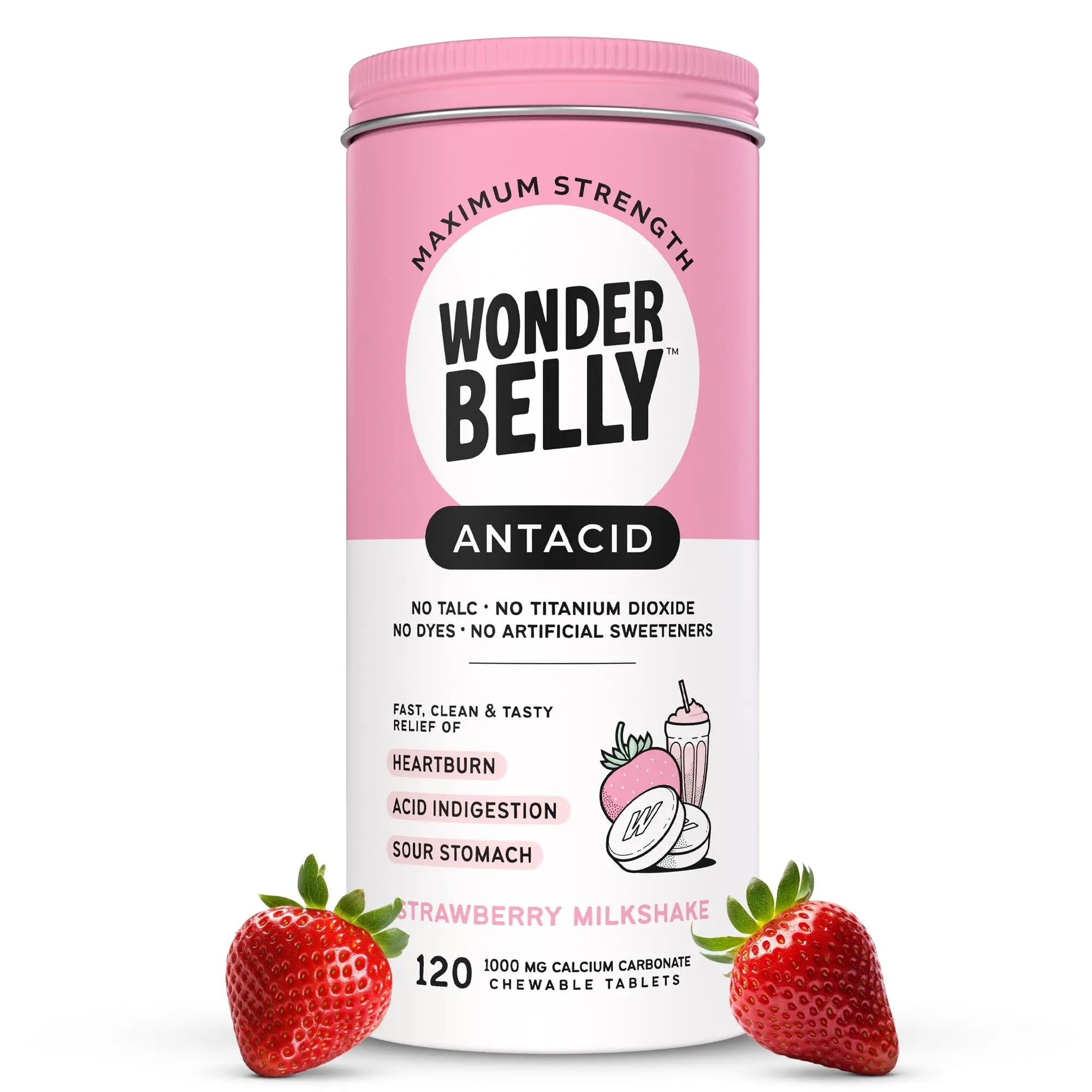 Wonderbelly Antacid, Effective Heartburn and Instant Acid Indigestion Relief, Extra Strength Chewable Tablets, 1000 mg Calcium Carbonate, No Talc or Dye, Strawberry Milkshake, 120 Count Wonderbelly Au supplements