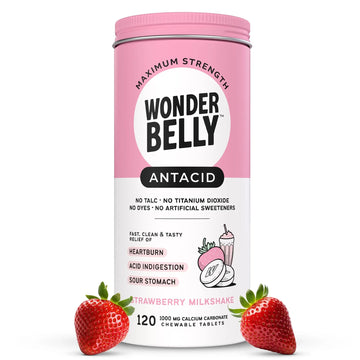 Wonderbelly Antacid, Effective Heartburn and Instant Acid Indigestion Relief, Extra Strength Chewable Tablets, 1000 mg Calcium Carbonate, No Talc or Dye, Strawberry Milkshake, 120 Count Wonderbelly Au supplements