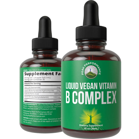 B Complex Liquid Drops Vegan Supplement. Best 5 B Vitamins with B3 Niacin, B6, B7 Biotin, B9 Folate, Methylcobalamin B12. B-Complex for Hair, Skin Nails, Energy. for Adults, Men, Women Peak PerformanceAU supplements