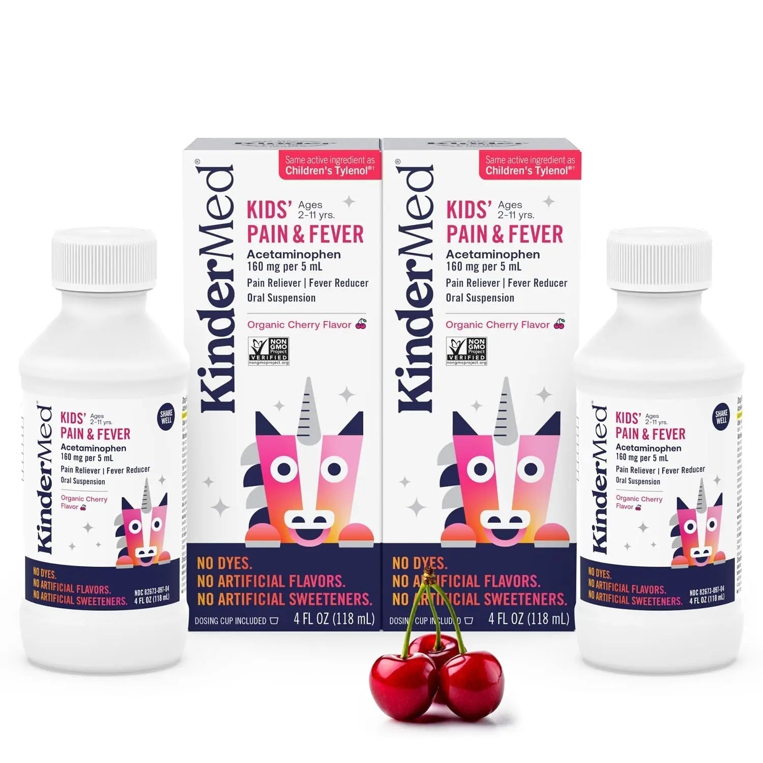 KinderMed Kids' Pain & Fever Medicine, for Ages 2-11 Years, No Dyes, No Artificial Flavors, No Artificial Sweeteners, Vegan, Non-GMO, Gluten Free, Organic Cherry Flavor, Two Pack, 2 x 4 fl. oz KinderMed Au supplements