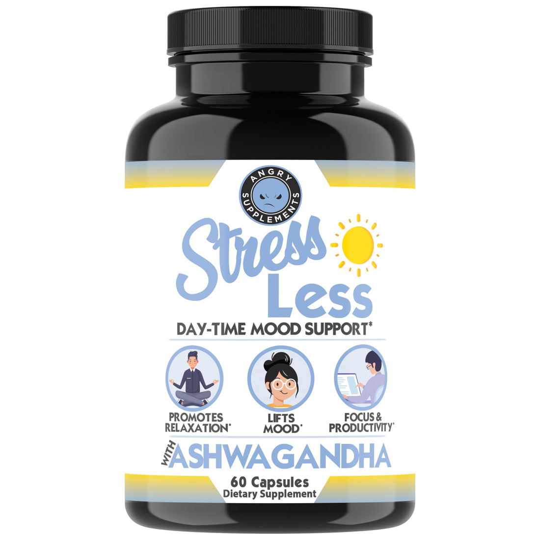 Angry Supplements Stress Less Day-Time Mood Support Pills – Natural Stress Relief with Ashwagandha, Rhodiola, L-Theanine, Magnesium & B Vitamins– Calm Focus & Mental Clarity – 60 Capsules (1-Bottle) Angry Supplements Au supplements