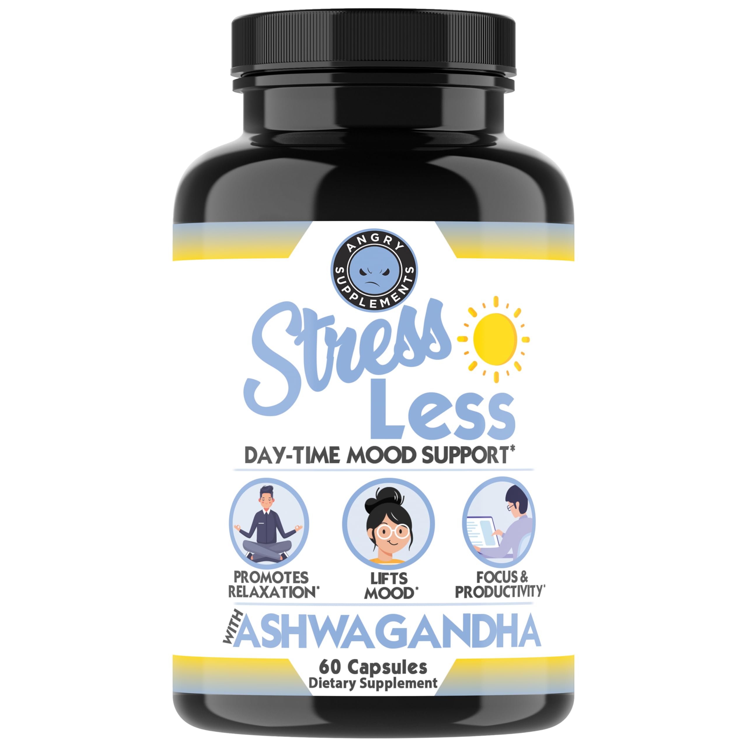Angry Supplements Stress Less Day-Time Mood Support Pills – Natural Stress Relief with Ashwagandha, Rhodiola, L-Theanine, Magnesium & B Vitamins– Calm Focus & Mental Clarity – 60 Capsules (1-Bottle) Angry Supplements Au supplements