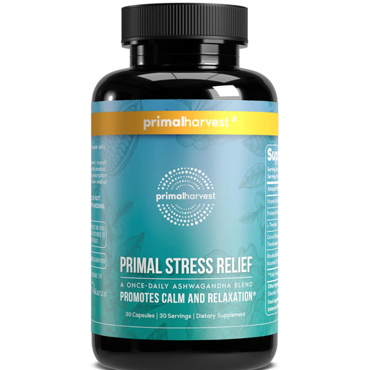 Primal Harvest Stress Relief Supplement for Women and Men Pure Ashwagandha Root Extract, L-Theanine Supplements, 30 Capsules Primal HarvestAU supplements