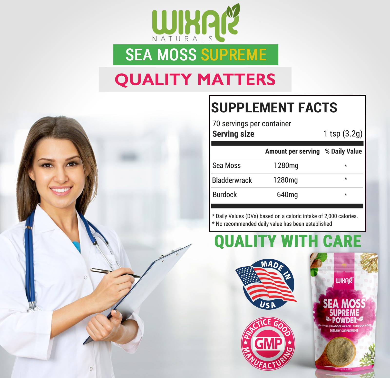 Wixar Wildcrafted Sea Moss Powder – (8 Ounces) – Natural Irish Sea Moss and Bladderwrack with Burdock Powder - Thyroid Support, Healthy Skin, Keto Detox, Joint Support Alkaline Supplements WIXAR NATURALS Au supplements