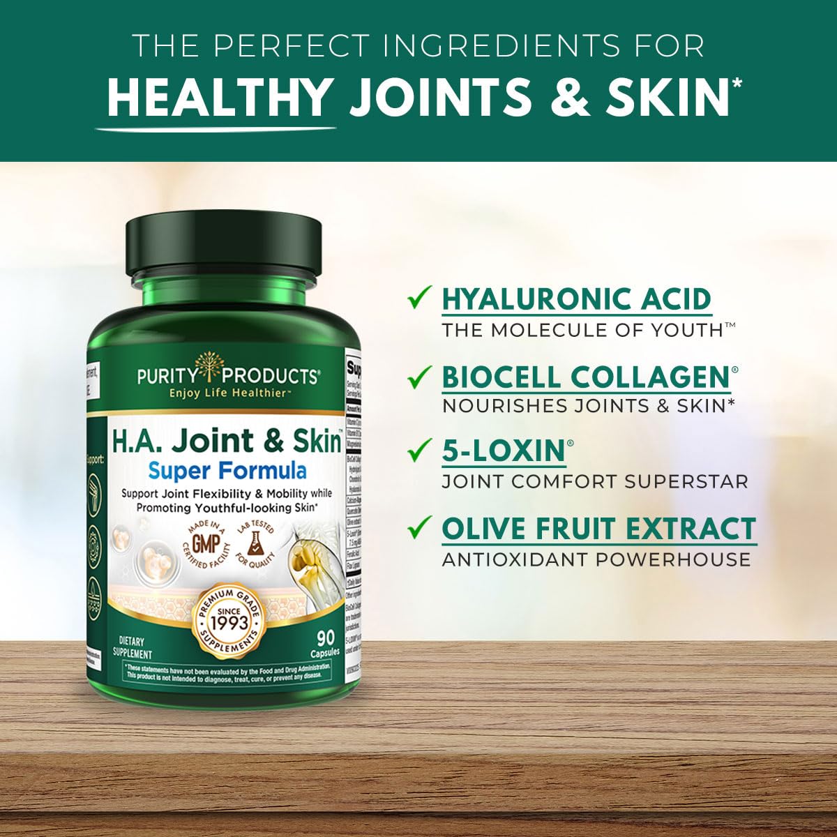 Purity Products H.A. Joint and Skin Super Formula Biocell Collagen w/Hyaluronic Acid Supports Healthy Joint Flexibility, Healthy Synovial Fluid, and Lubrication - 5-Loxin - 90 Capsules (1) Purity Products Au supplements