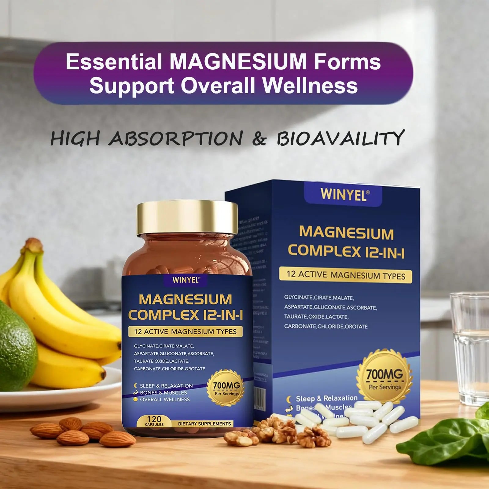 Magnesium Complex 700mg 12 in 1 Magnesium Supplement with Glycinate, Citrate, Malate | Sleep, Calm, Muscle Relaxation, Heart Health Support | Vegan 120 Capsules WINYEL Au supplements