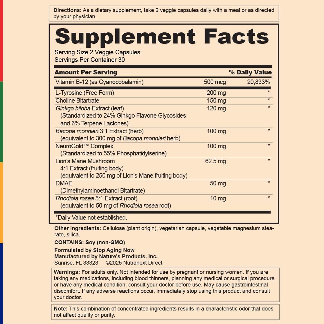 Stop Aging Now - Brain Supplement Complex - with Ginkgo Biloba, Lion's Mane, Bacopa, and DMAE - 60 Vegetarian Capsules - Advanced Blend Stop Aging Now Au supplements