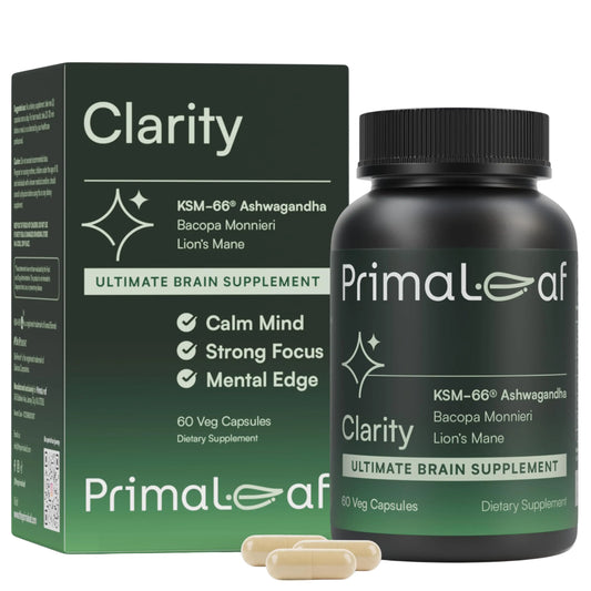 PrimaLeaf Clarity Nootropics Brain Supplement for Focus, Memory, & Stress Relief | Natural Nootropic with KSM66 Ashwagandha, Lions Mane, Bacopa, L Theanine | Cognitive & Mood Support | 60 Veg Capsules PrimaLeafAU supplements