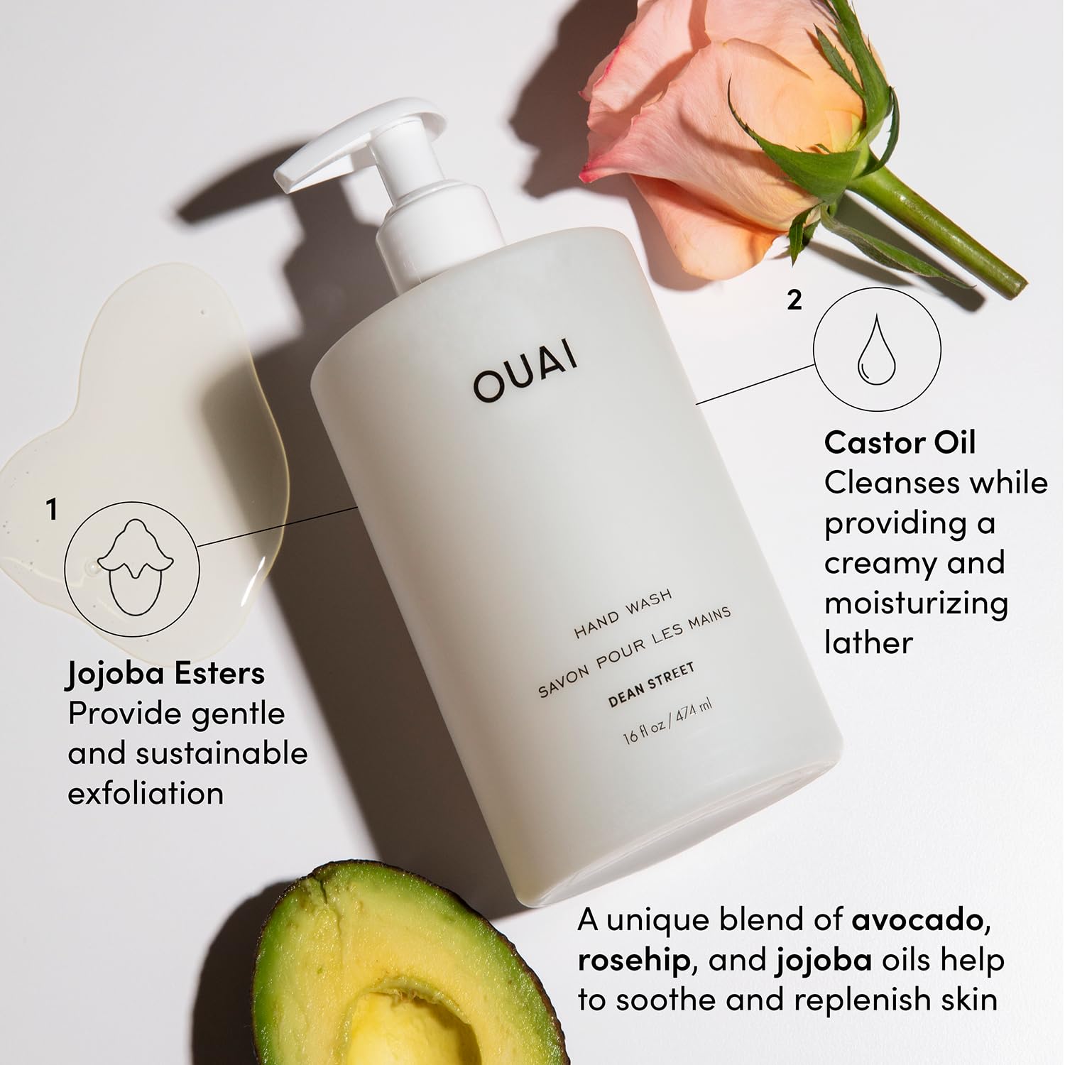 OUAI Hand Wash, Dean Street - Liquid Hand Soap with Jojoba, Avocado, & Rose Hip Oil for Replenished Skin - Gentle Exfoliating Kitchen & Bathroom Soap (16 Fl Oz) OUAI Au supplements
