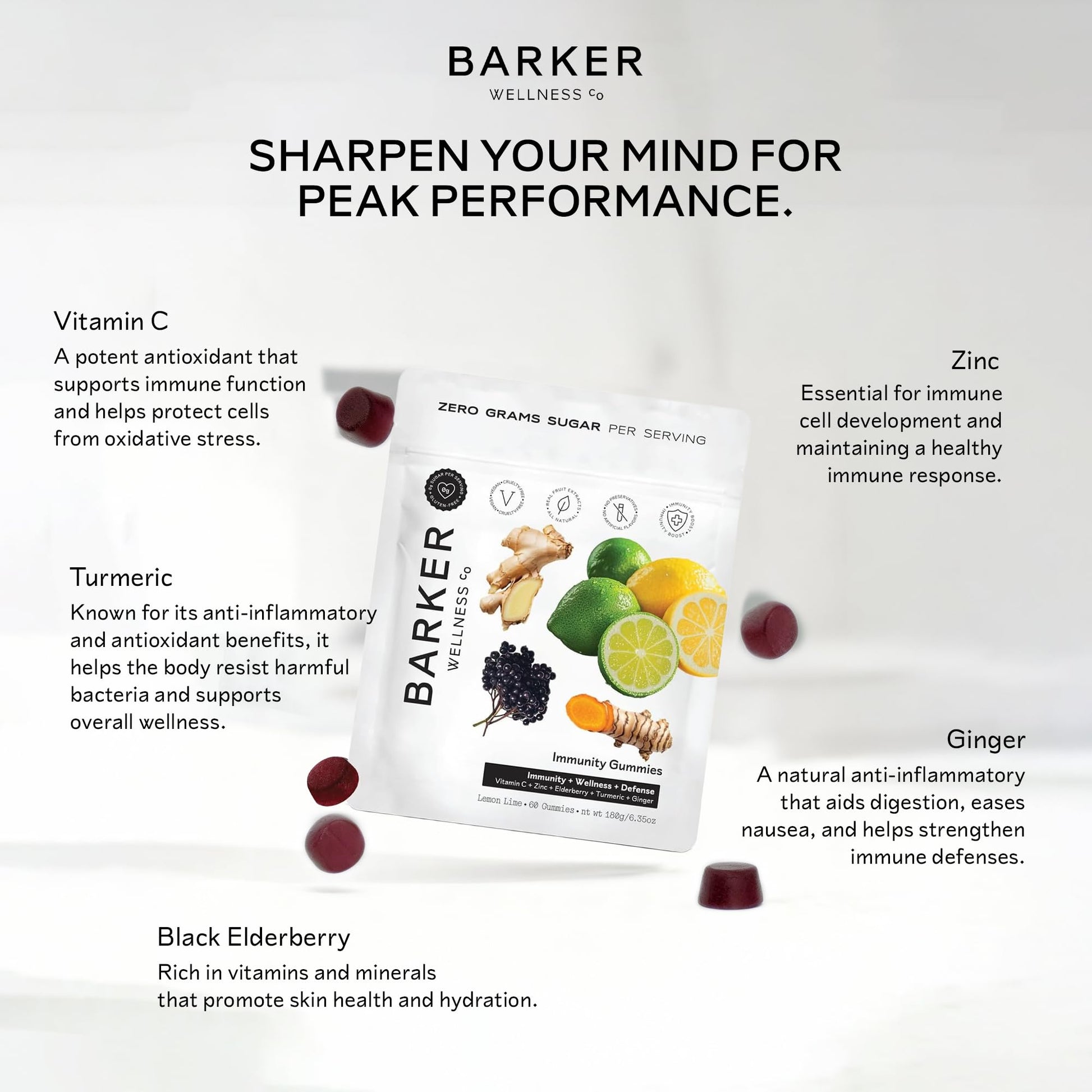Barker Wellness Immunity Gummies with Vitamin C, Zinc, Elderberry, Turmeric & Ginger for Daily Immune Support | Vegan, Sugar-Free, Lemon-Lime Flavor | Seasonal Wellness Essentials, 60 Count Barker Wellness Co Au supplements