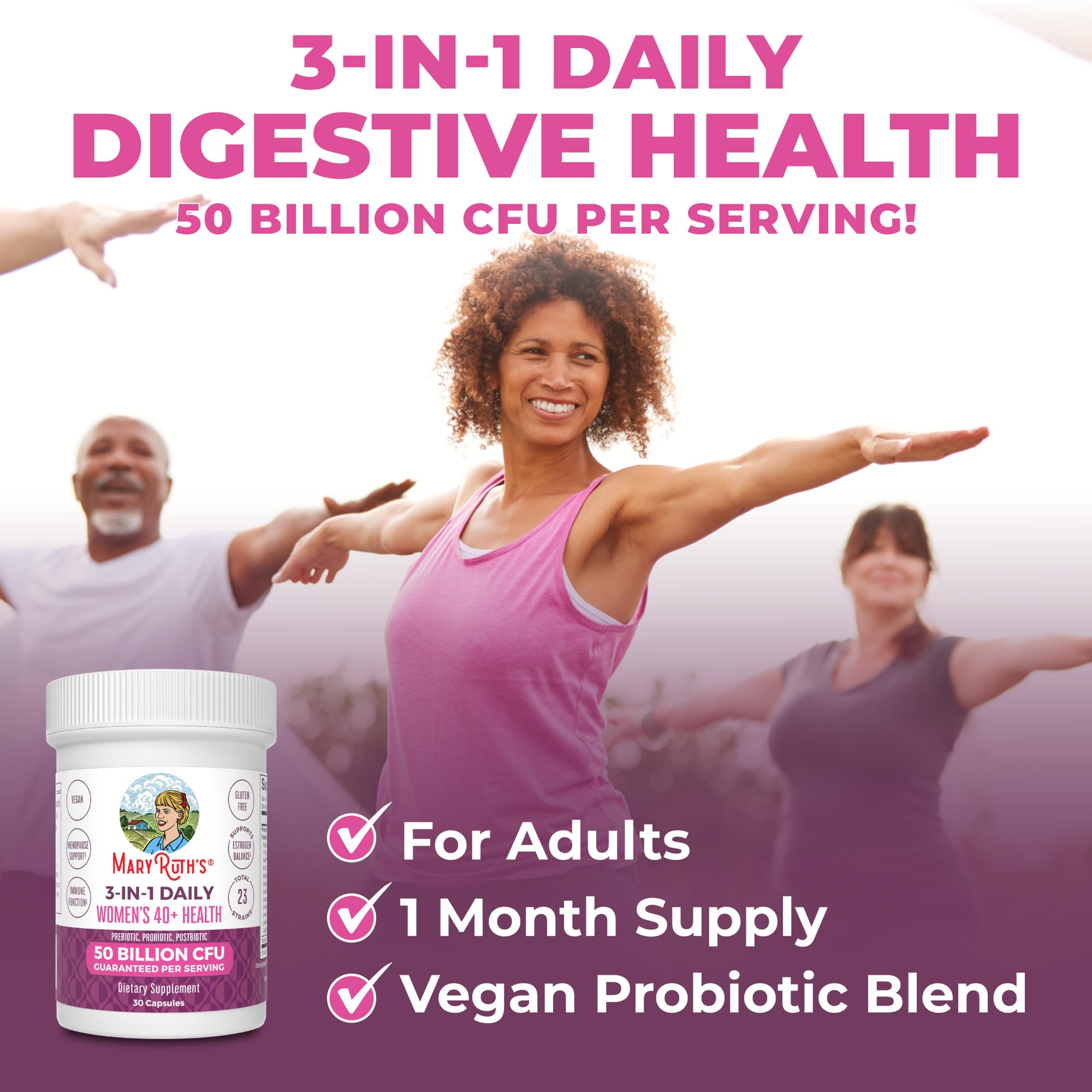 MaryRuth's 3-in-1 Daily Health 40+ Probiotics for Women | Hormonal & Menopause Support Supplement for Women | Gut Health Capsules | 50 Billion CFU | Allergen Free | 30 Ct MARYRUTH'S Au supplements