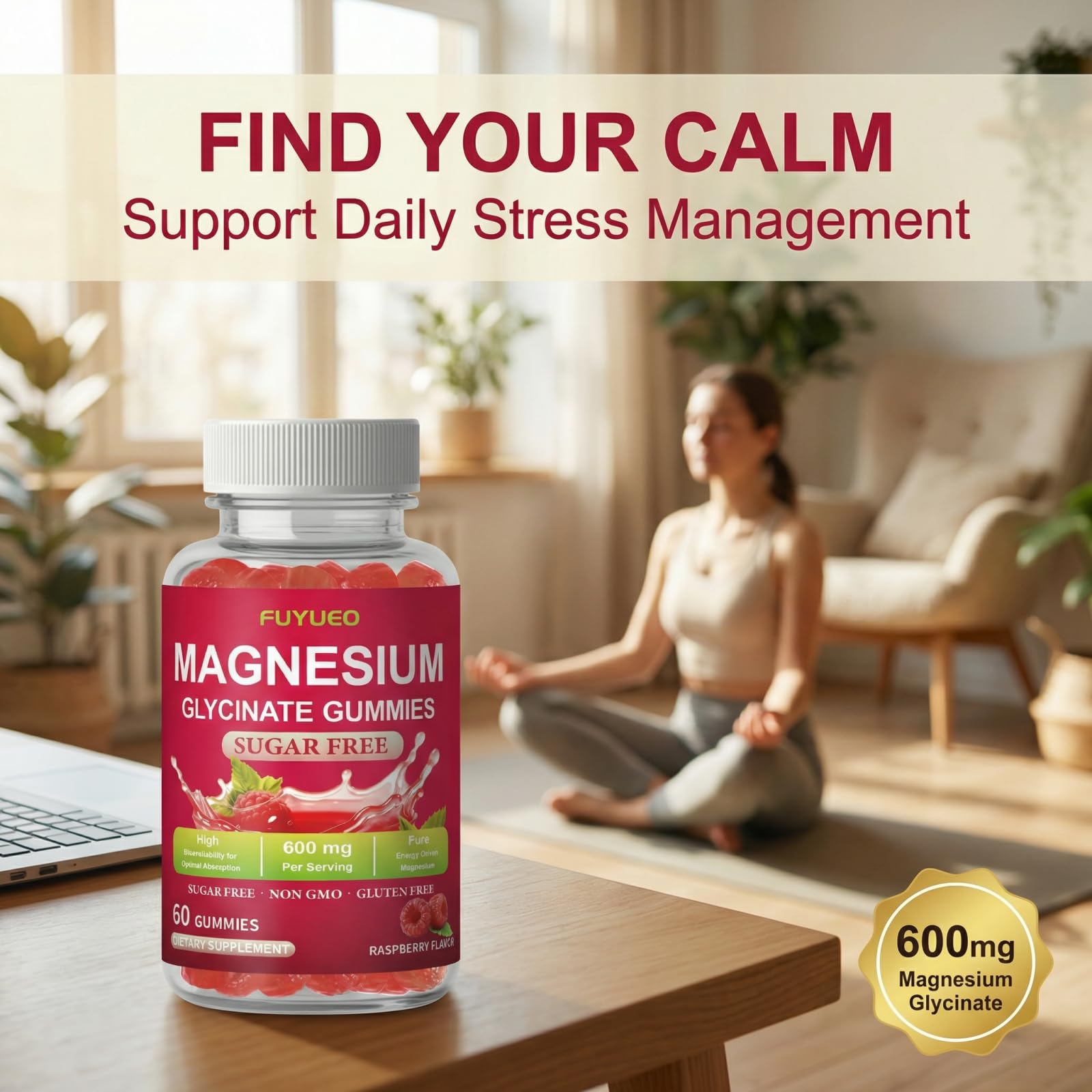 FUYUEO Magnesium Glycinate Gummies for Sleep & Relaxation, Sugar Free High Absorption Magnesium Supplement for Men & Women, Gentle on Stomach, Chewable, Raspberry, 60 Count (Pack of 1) FUYUEO Au supplements