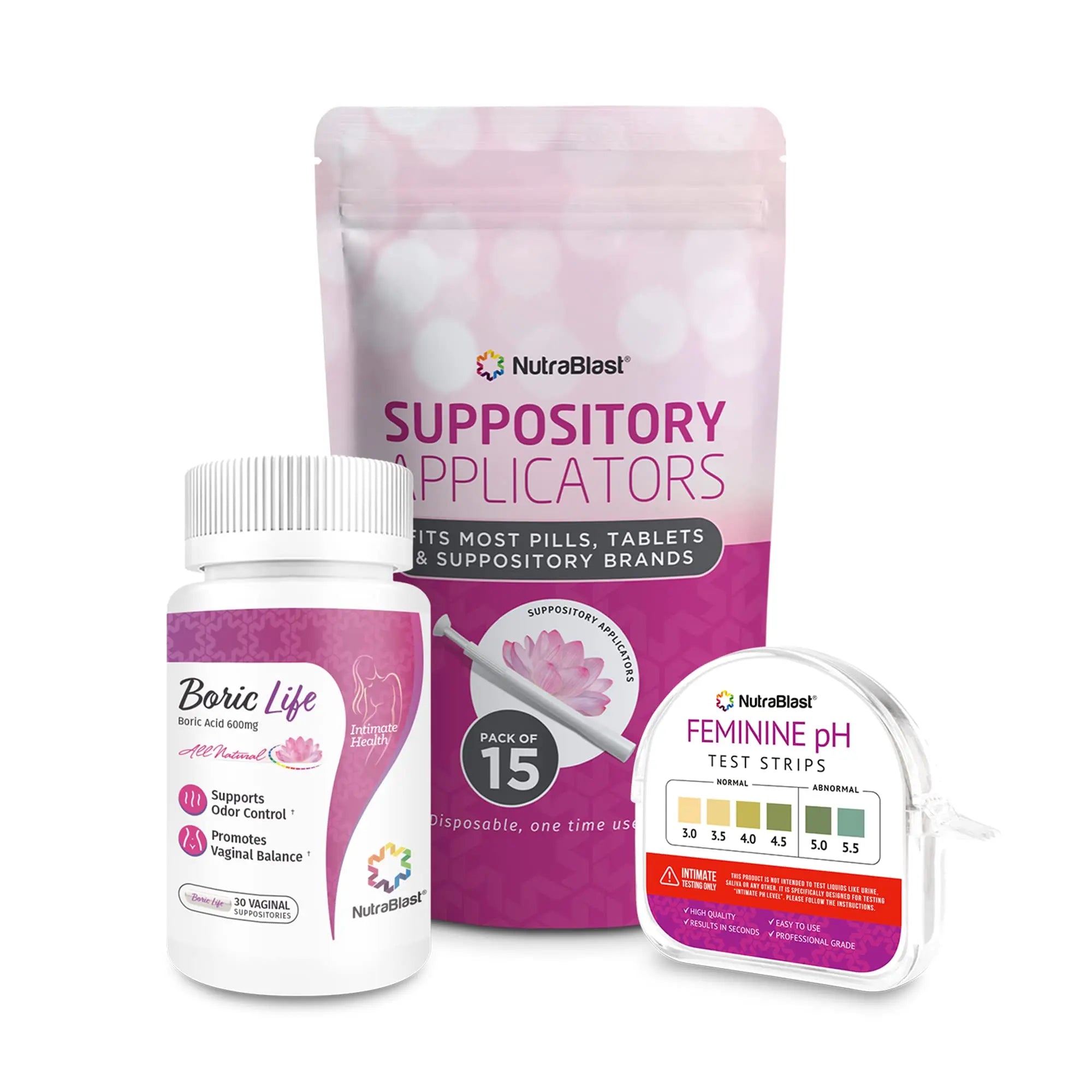 NutraBlast Boric Acid Suppositories 600mg (30 Count) Bundle with Disposable Suppository Applicators (15-Pack) and Feminine pH Test Strips 3.0-5.5 (100 Tests Roll) NutraBlast Au supplements