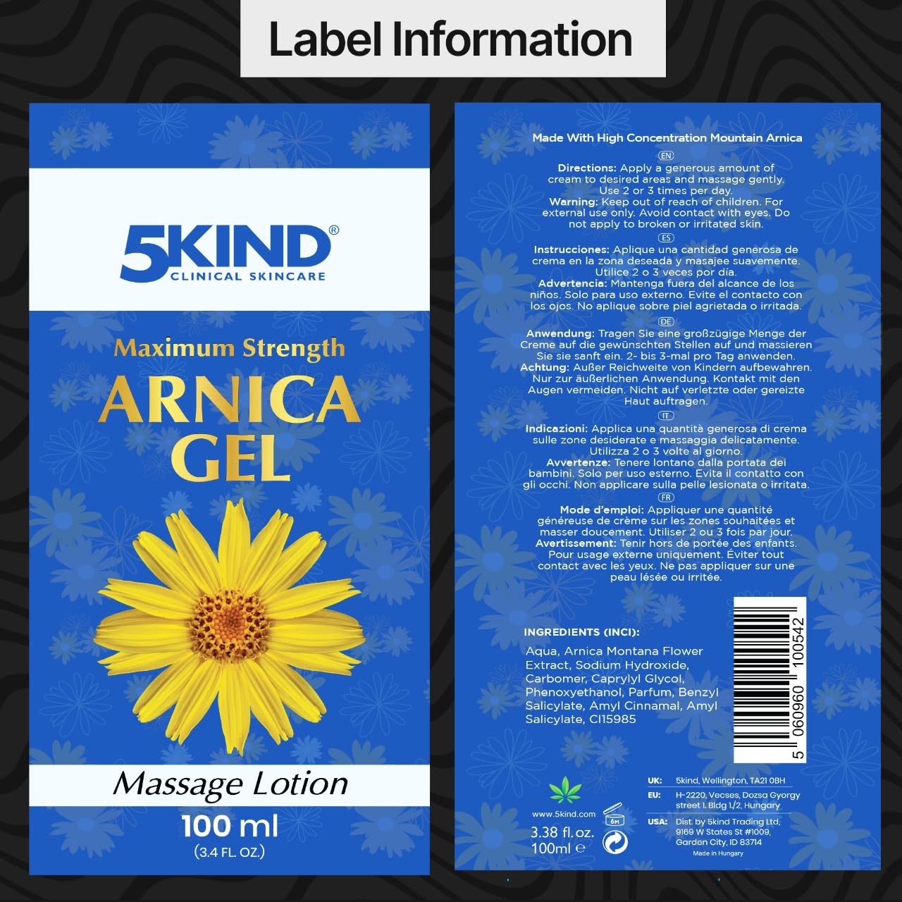 5kind Maximum Strength Arnica Bruise Gel 3.4 Fl Oz - Arnica Gel for Bruising and Swelling - Arnica Montana Gel with High Concentration Extract - Non-Greasy Formula 5kind clinical skincare Au supplements