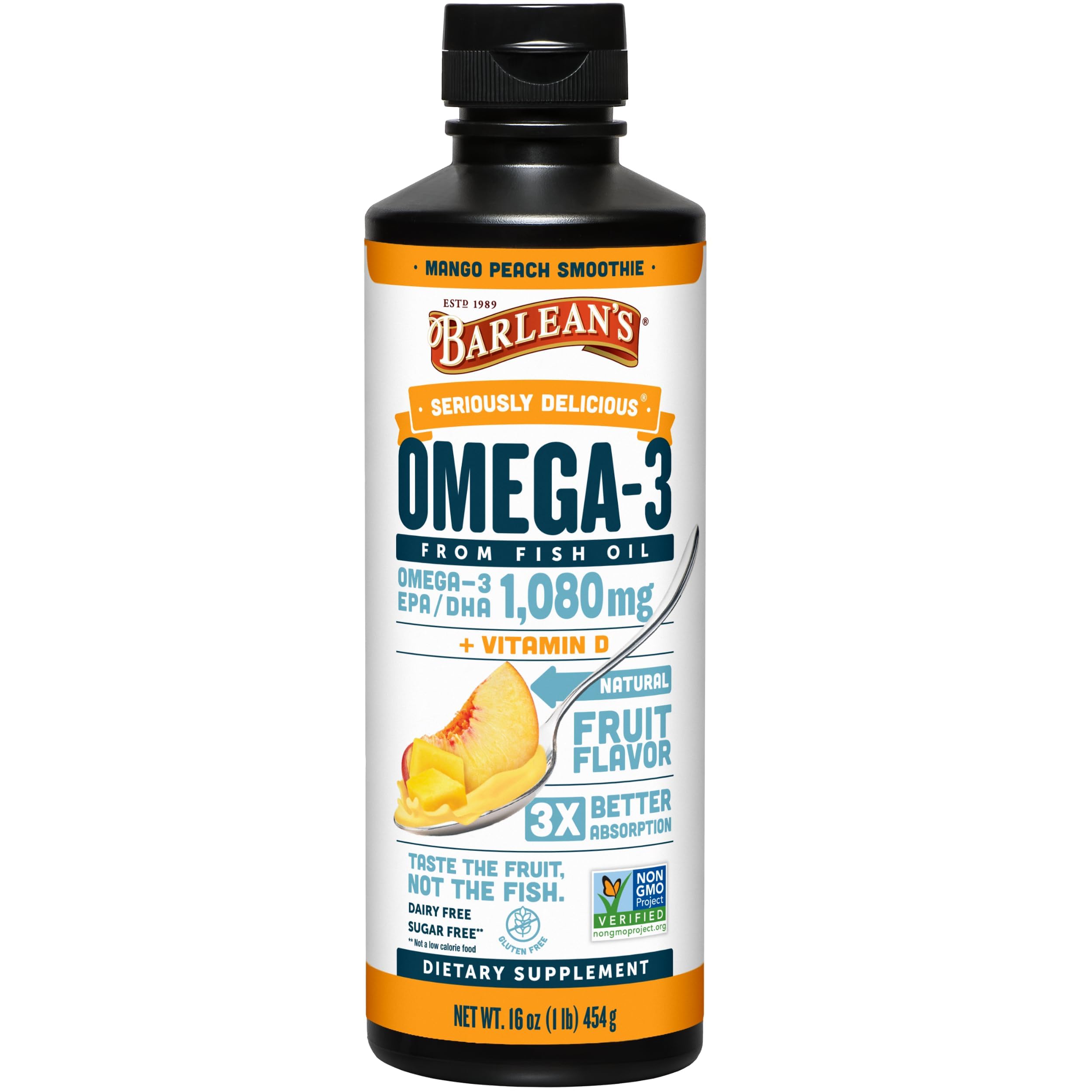 Barlean's Omega 3 Fish Oil Liquid Supplement with Vitamin D for Men and Women, 1080mg of EPA and DHA Fatty Acid, Promotes Brain & Heart Health - Non-GMO, Mango Peach, 16 oz Barlean's Au supplements