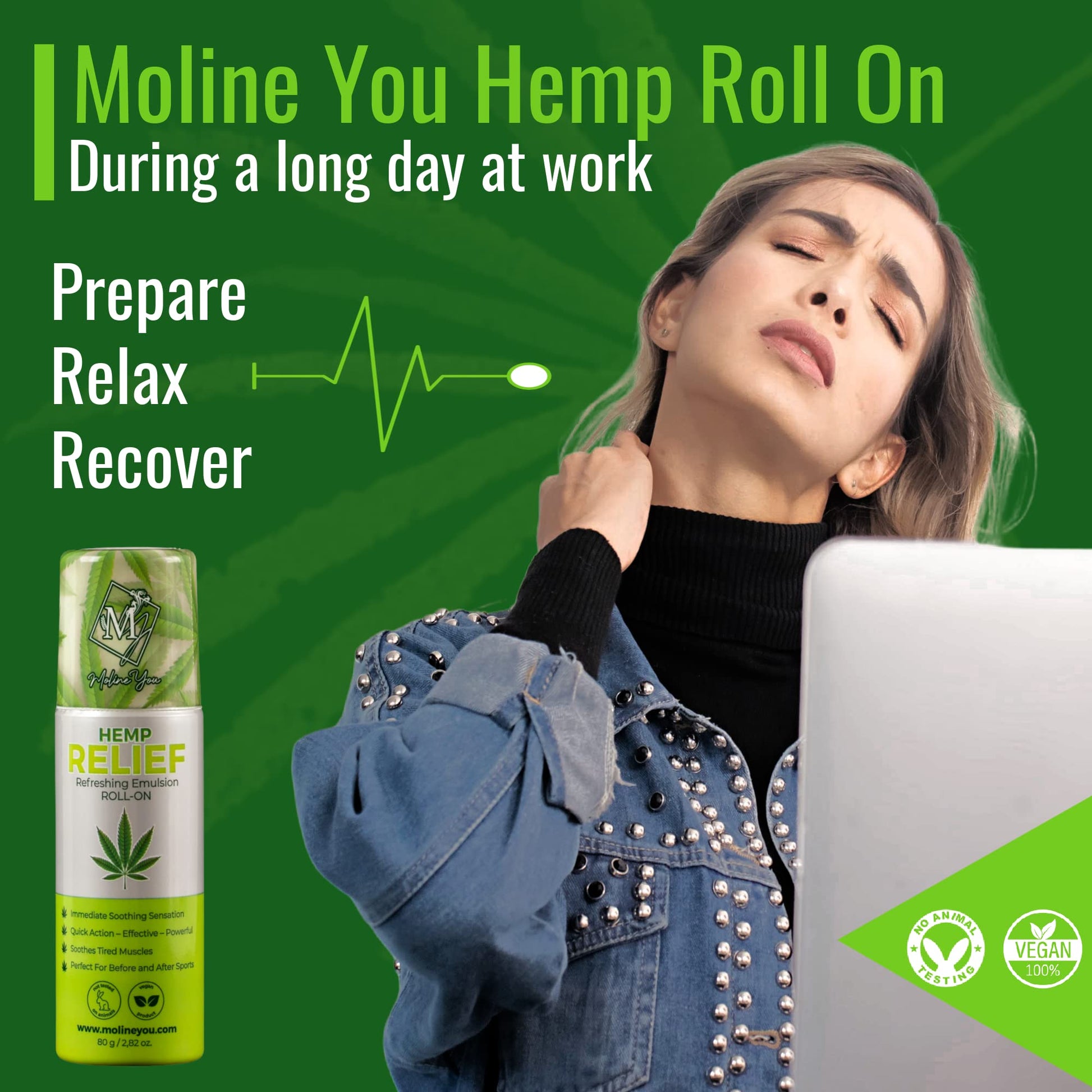 Moline You Natural Powerful Hemp Roll On, for Joint & Muscle Discomfort, Back, Neck, Knee, Shoulders HIPS. Formula with Hemp Oil Extract, Arnica, Menthol (Roll On 3 oz) Moline You Au supplements