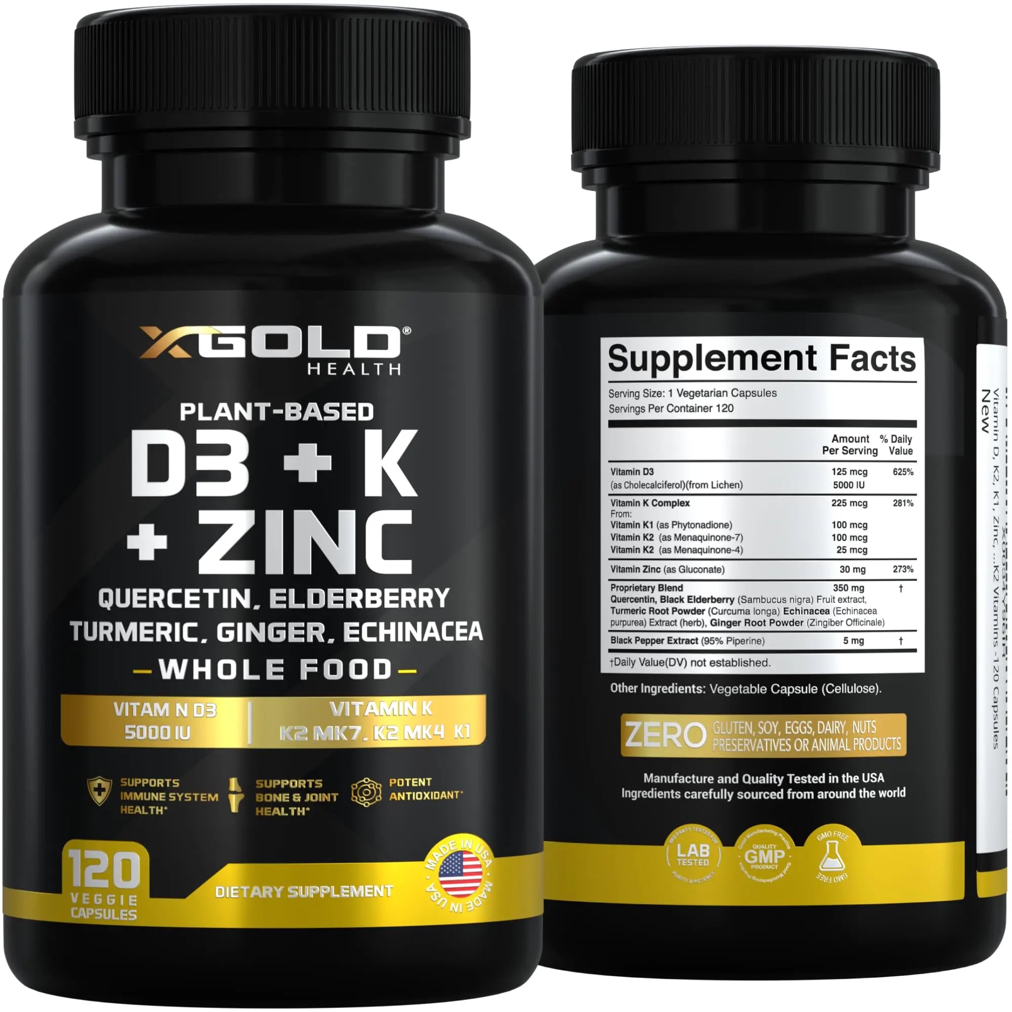 Vitamin D, K2, K1, Zinc, Quercetin, Elderberry, Turmeric, Ginger & Echinacea Whole Food Supplement 8 in 1- D3 5000 IU Plant-Based from Lichen, Vitamin K (K2 MK7, MK4, K1), D3 K2 Vitamins -120 Capsules X Gold Health Au supplements