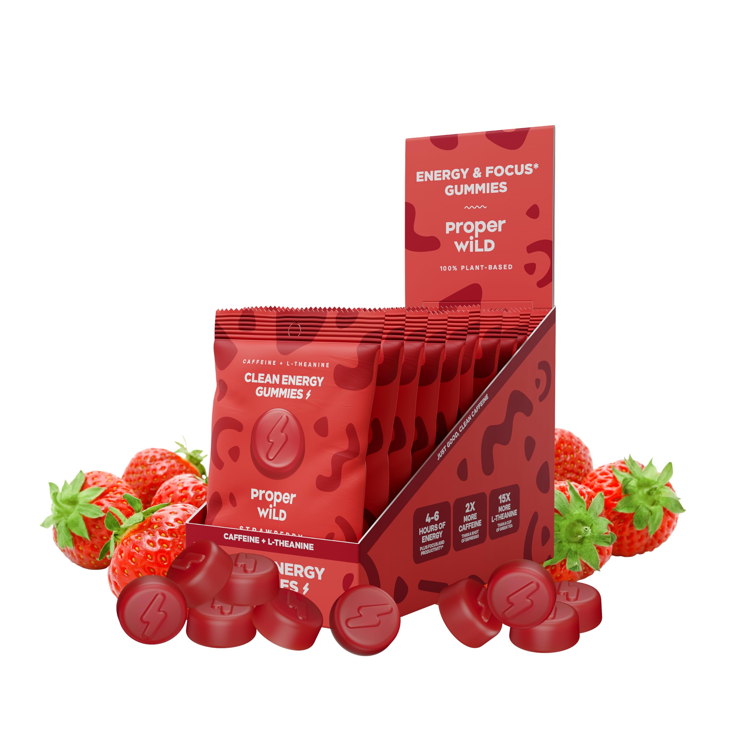 Proper Wild Energy Chews & Gummies for Focus & Clean Energy, Vegan with L-Theanine & Organic Caffeine, Plant-Based, Gluten-Free, Non-GMO, Strawberry (10-Pack) Proper Wild Au supplements