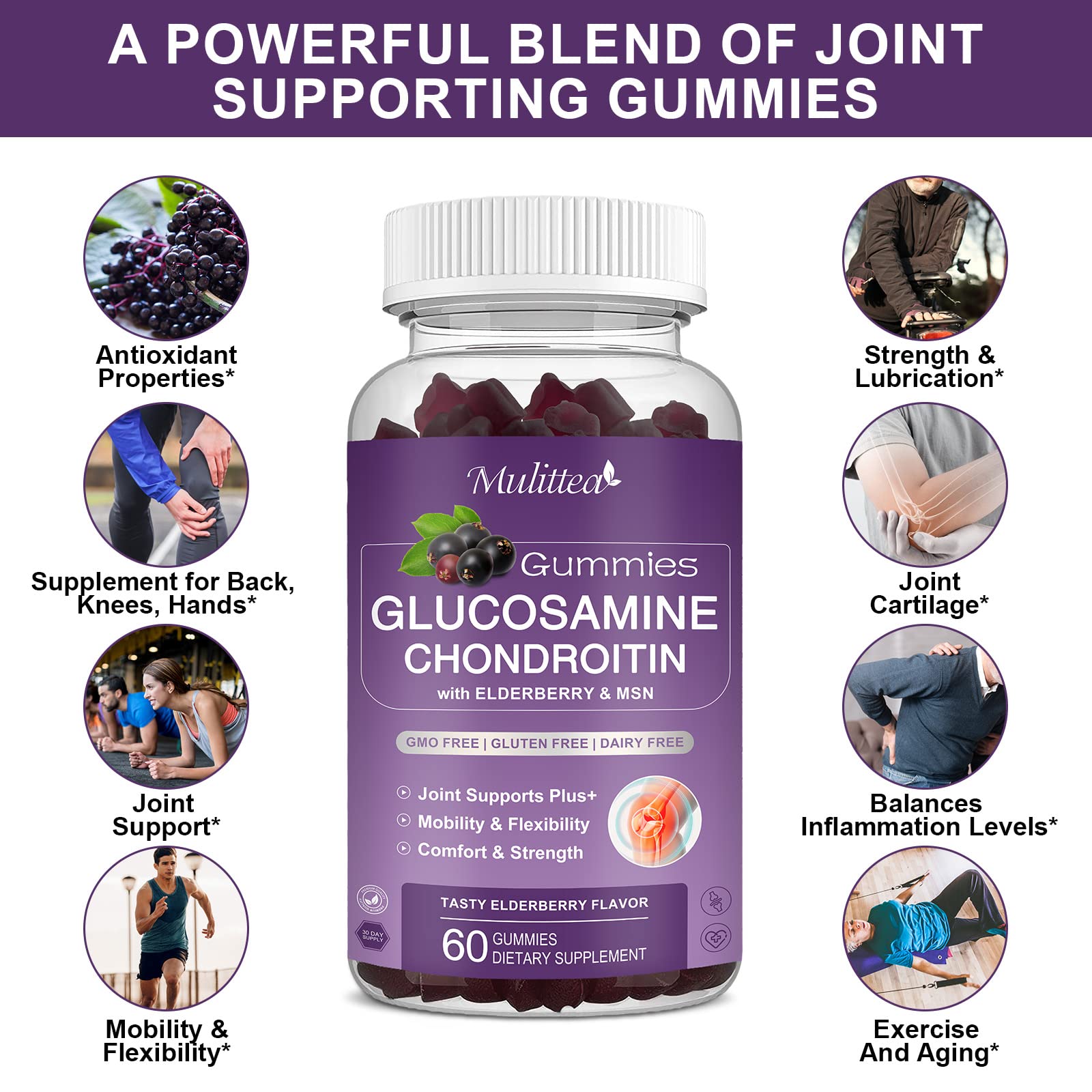 Mulittea Glucosamine Chondroitin Gummies - Extra Strength Joint Support Supplement with MSM & Elderberry for Natural Joint, Antioxidant Immune Support for Adults, Men & Women-(2 Pack) Mulittea Au supplements
