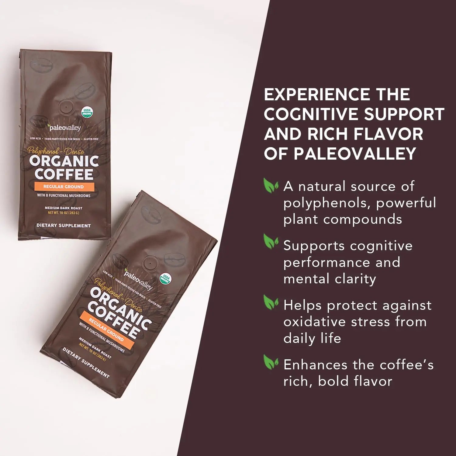 Paleovalley Organic Ground Coffee, 10oz - Regular, Low Acid, Single-Origin, Polyphenol-Rich, Infused with Mushrooms Paleovalley Au supplements