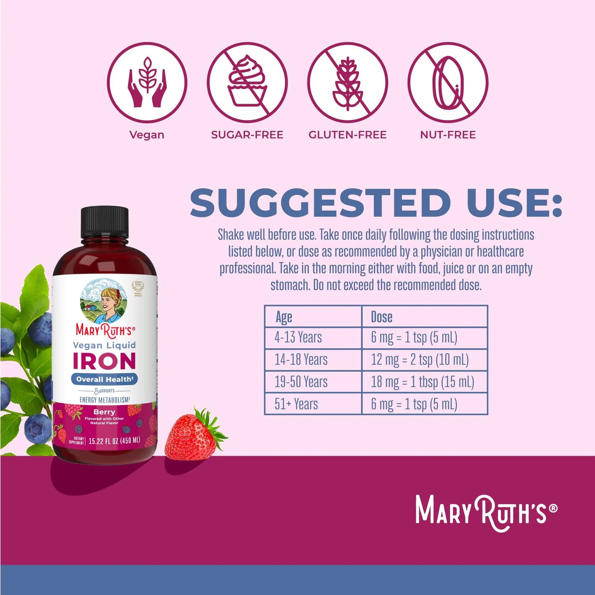 Iron Supplement for Women Men & Kids | Liquid Iron Supplement for Women Men & Kids | Iron for Healthy Blood & Oxygen | Ages 4 & Up | Sugar Free | Vegan | Non-GMO | Gluten Free | 15.22 Fl Oz MARYRUTH'S Au supplements