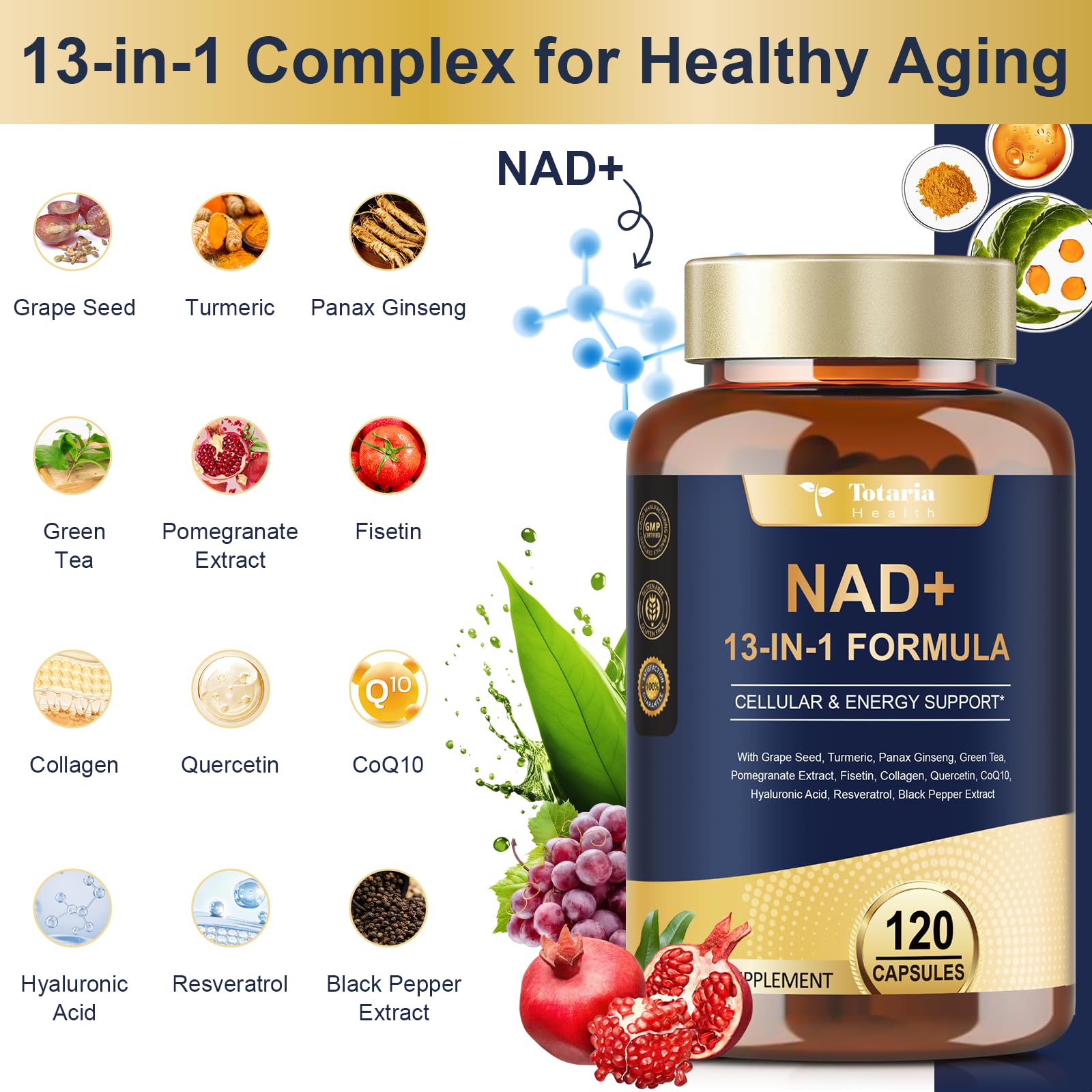 Totaria NAD Supplement for Women Men with nicotinamide riboside resveratrol,Quercetin, Betaine Boost NAD+ Levels NAD Plus Supplement for Anti Aging, Energy, Immune, Focus 120 Capsules Totaria Au supplements