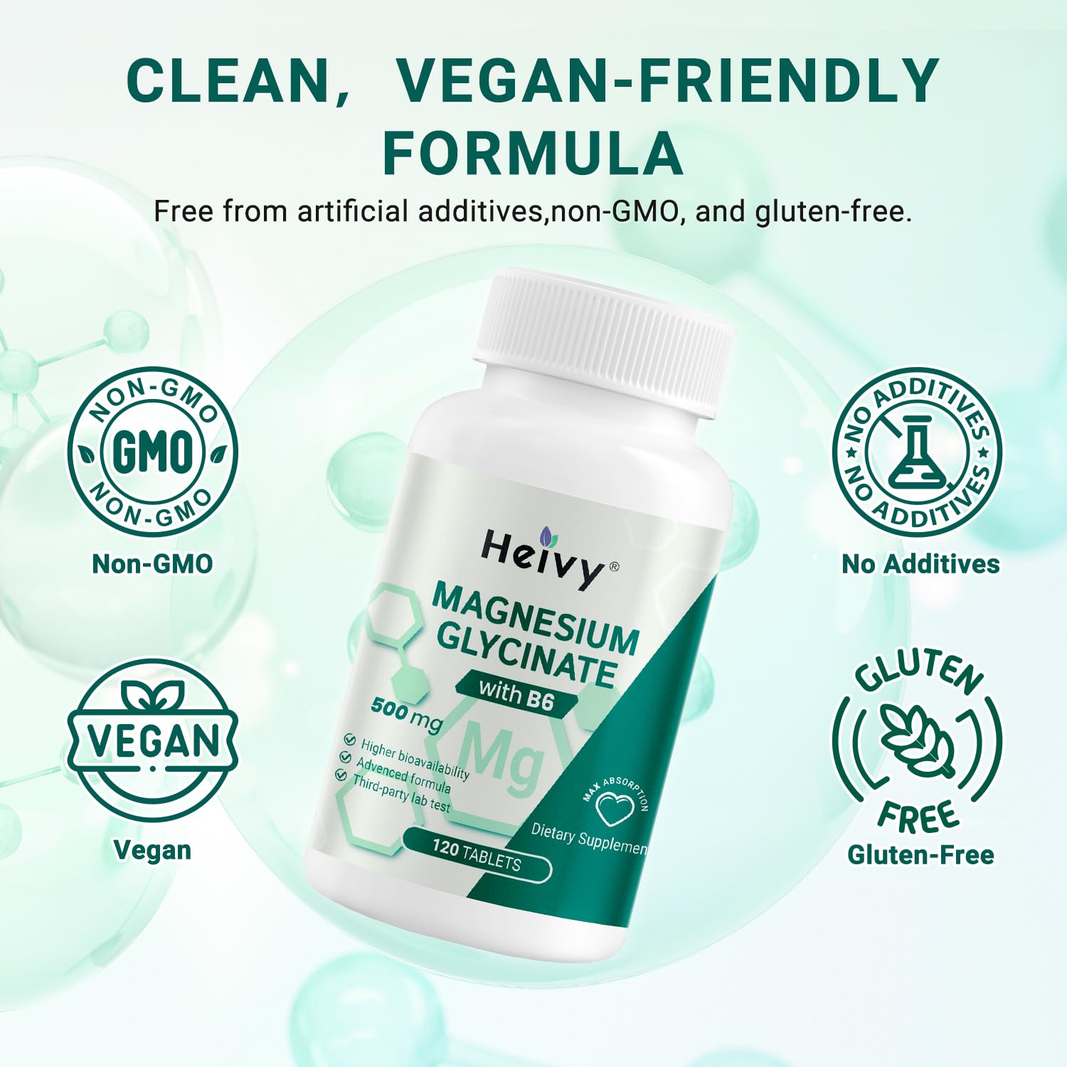 Heivy Pure Magnesium Glycinate 500mg with Vitamin B6, 100% Chelated & Purified Supports Nerve Relife, Sleep Aid & Muscle Support, Vegan & Non-GMO, Made in USA, 3rd Party Tested, 120 Tablets Heivy Au supplements