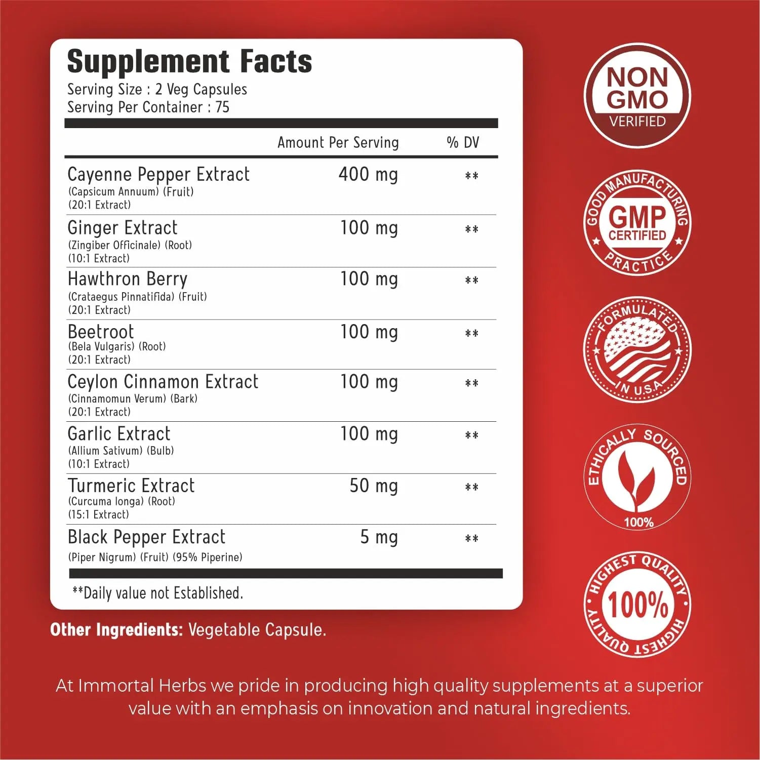Immortal Herbs Cayenne Pepper Capsules w/Garlic, Ginger, Hawthorn, Turmeric, Cinnamon, Beet Root and Black Pepper Extract, 150 Cayenne Capsules, Non-GMO & Gluten Free Capsaicin Supplement Immortal Herbs Au supplements