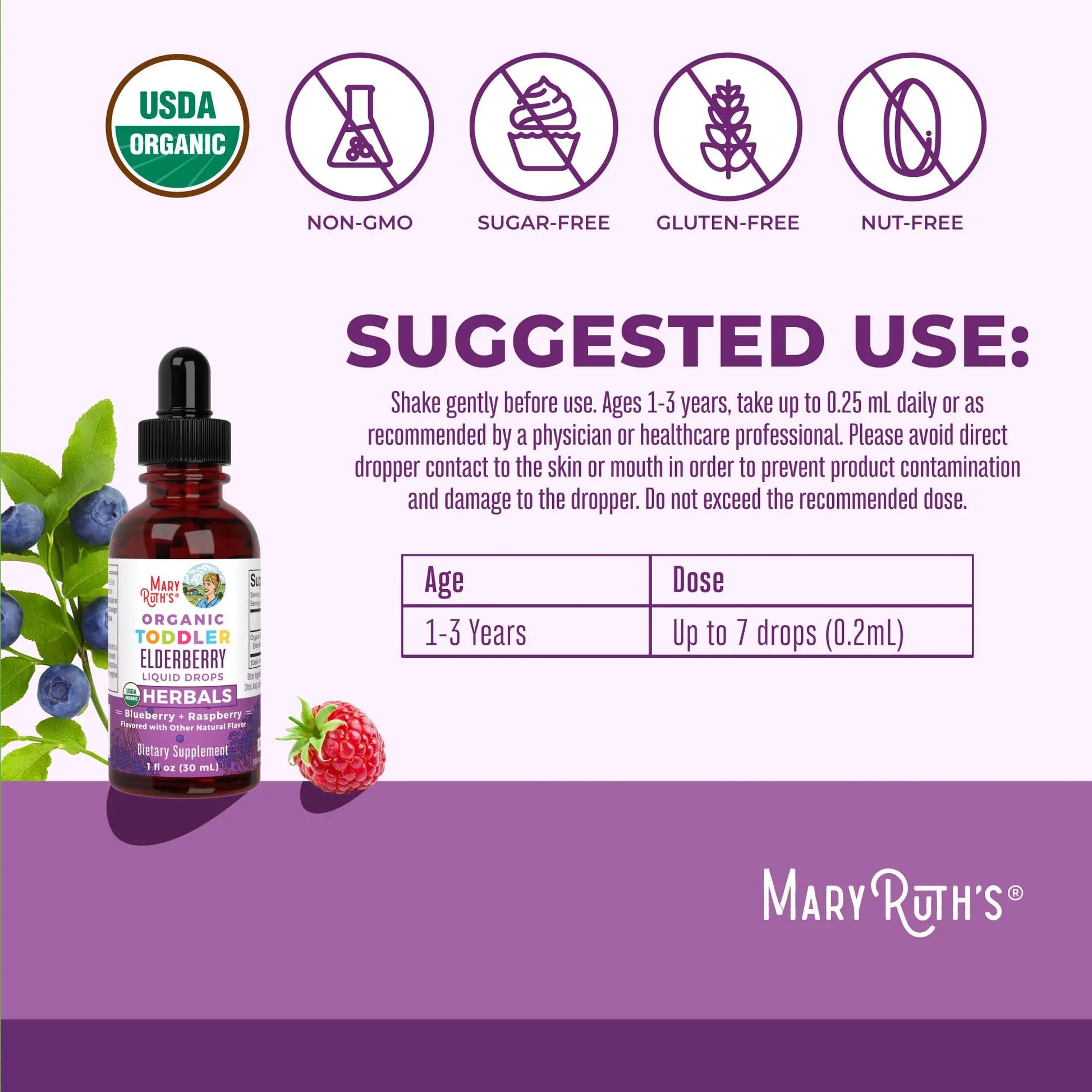MaryRuth Organics Toddler Elderberry Syrup, USDA Organic Elderberry, Sugar Free Kids Immune Support Supplement for Ages 1-3 Years, Clean Label Project Verified®, Vegan, Non-GMO, Gluten Free, 1 Fl Oz MARYRUTH'S Au supplements