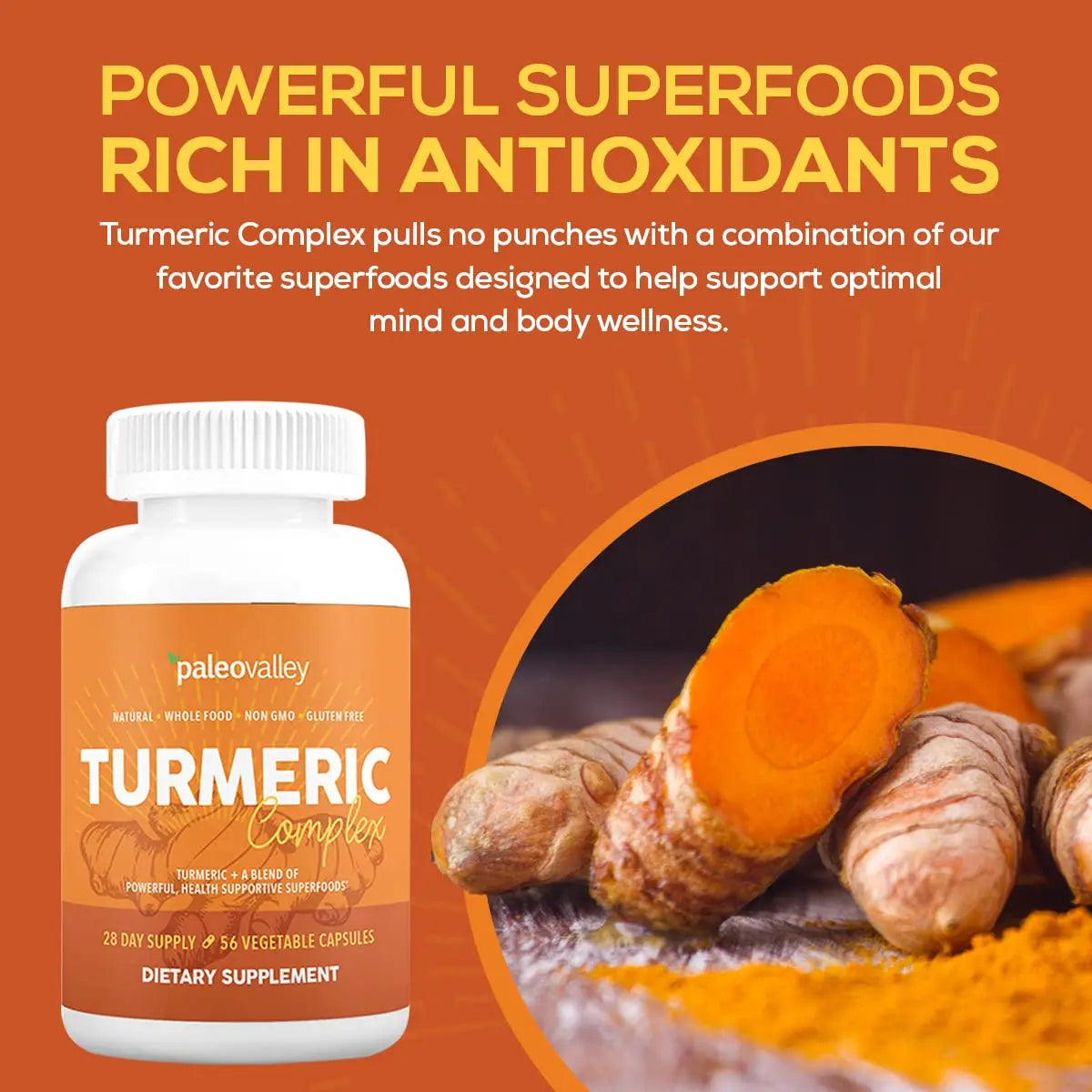 Paleovalley - Organic Turmeric Complex - Full Spectrum Organic Turmeric with Health-Supportive Superfoods - 56 Vegetarian Capsules - Support Joints, Immunity, Brain and Heart Health Paleovalley Au supplements