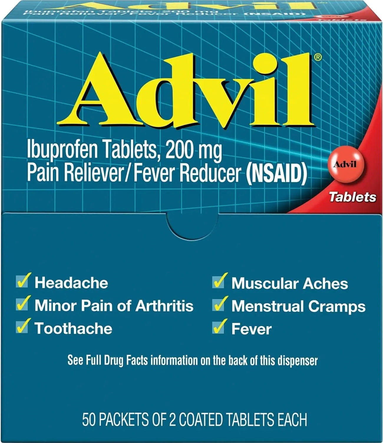 Advil Ibuprofen, 200mg (50 Packets of 2 Coated Tablets) 50 ea (Pack of 3) Advil Au supplements