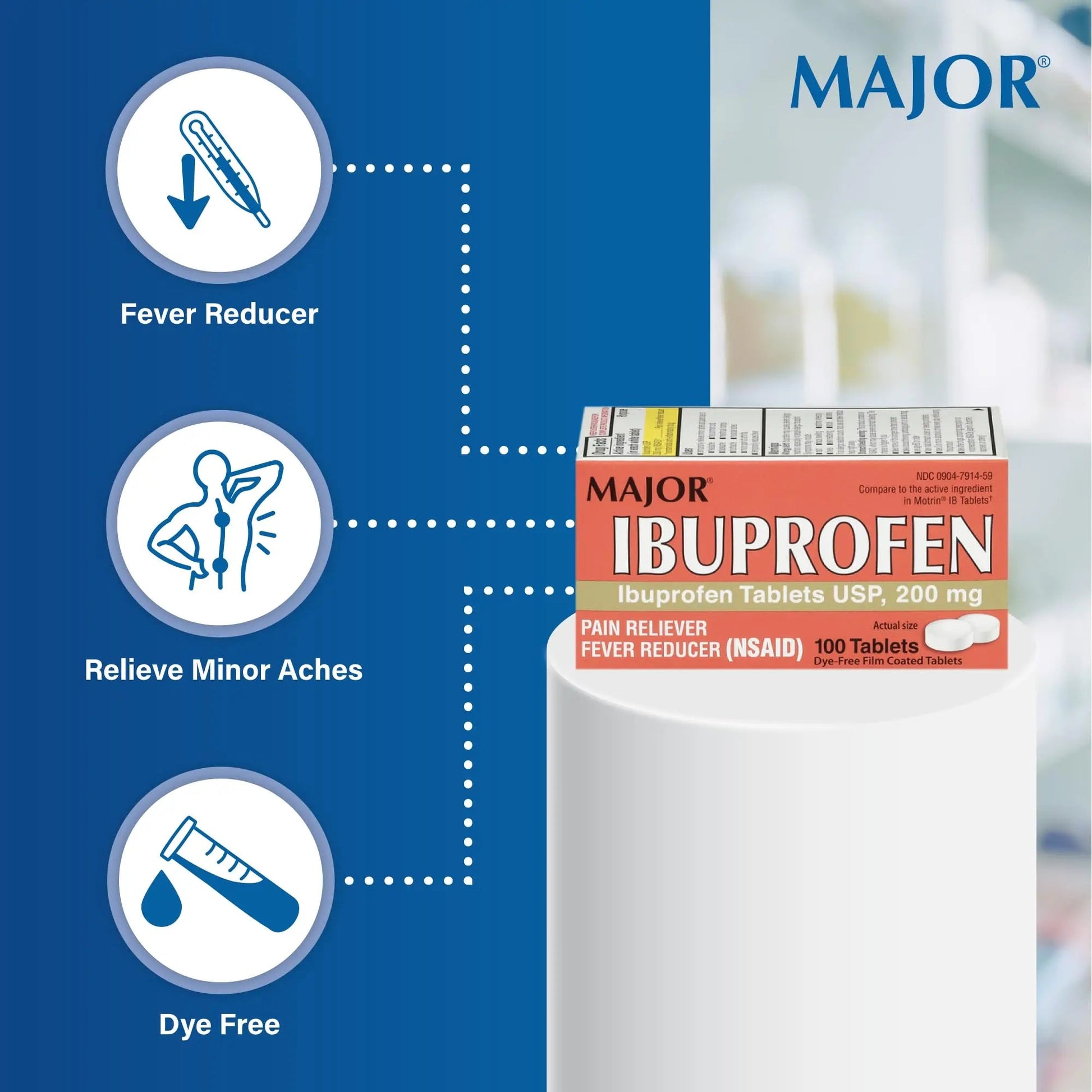 MAJOR Dye-Free Ibuprofen Tablets 200 mg - Helps Temporarily Reduce Fevers - Offers Pain Relief - 100 Tablets (1-Pack) MAJOR Au supplements