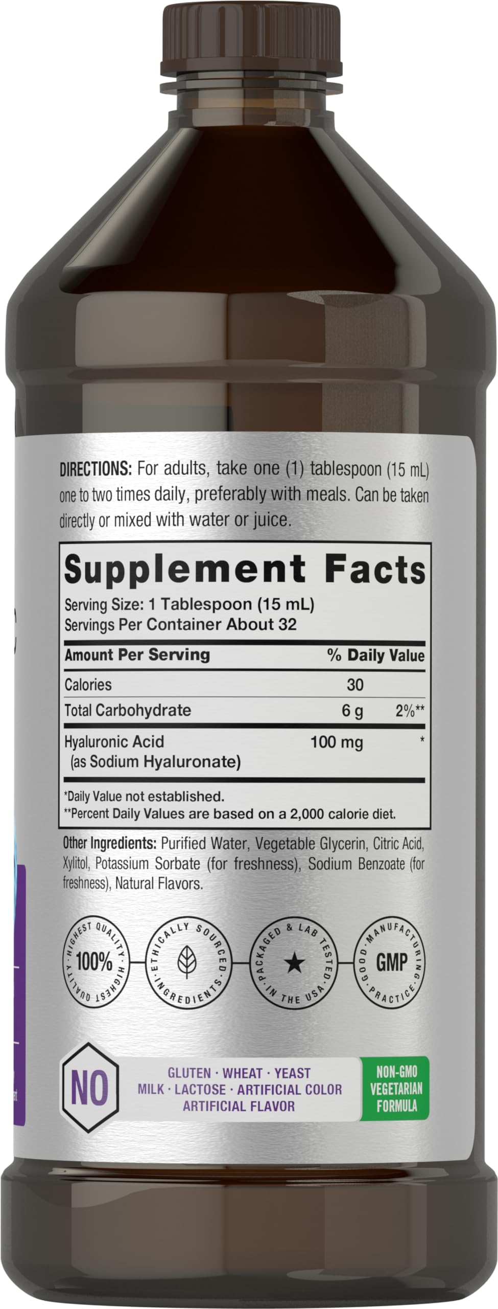 Liquid Hyaluronic Acid Supplement | 100 mg | 16 oz | Mixed Berry Flavor | Non-GMO Horbäach Au supplements