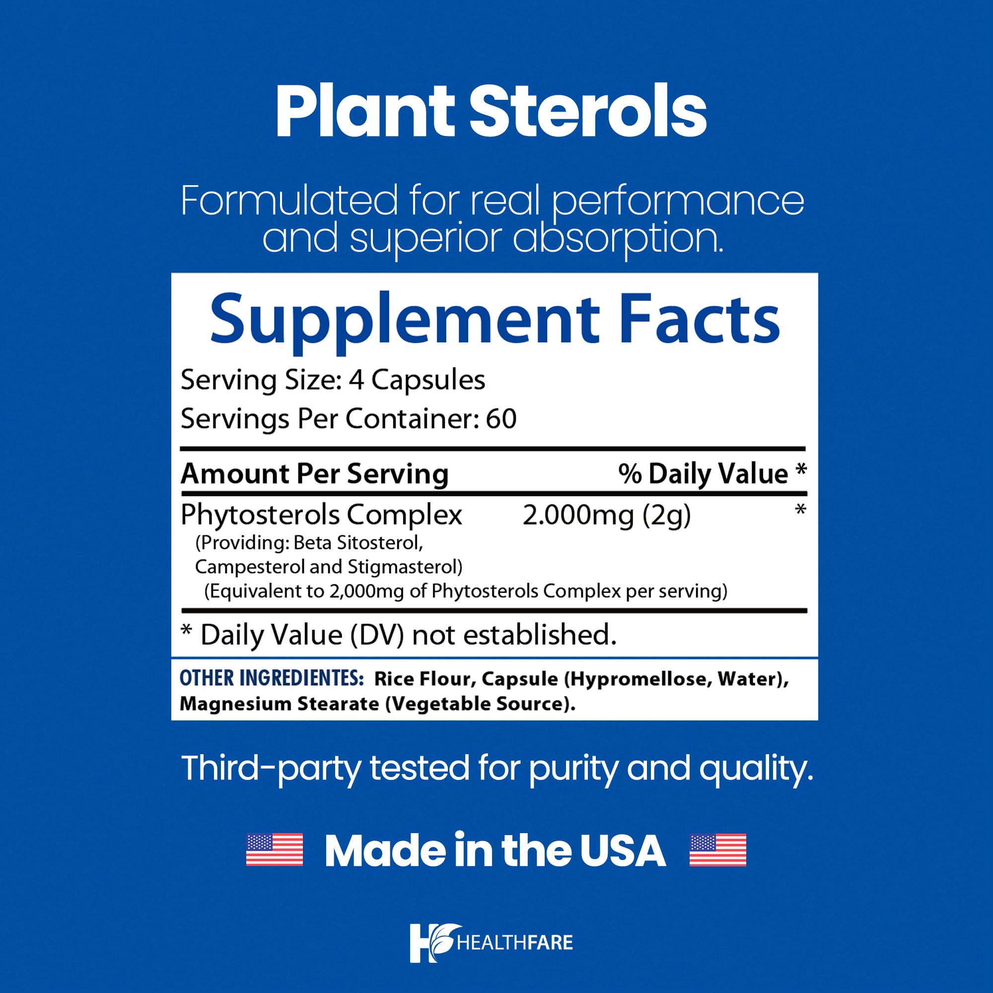 Healthfare Plant Sterols Capsules 2000mg | 240 Vegan Capsules | Beta Sitosterol & Phytosterol Complex | Plant-Based Supplement | Non-GMO & Gluten-Free | Made in the USA Healthfare Au supplements