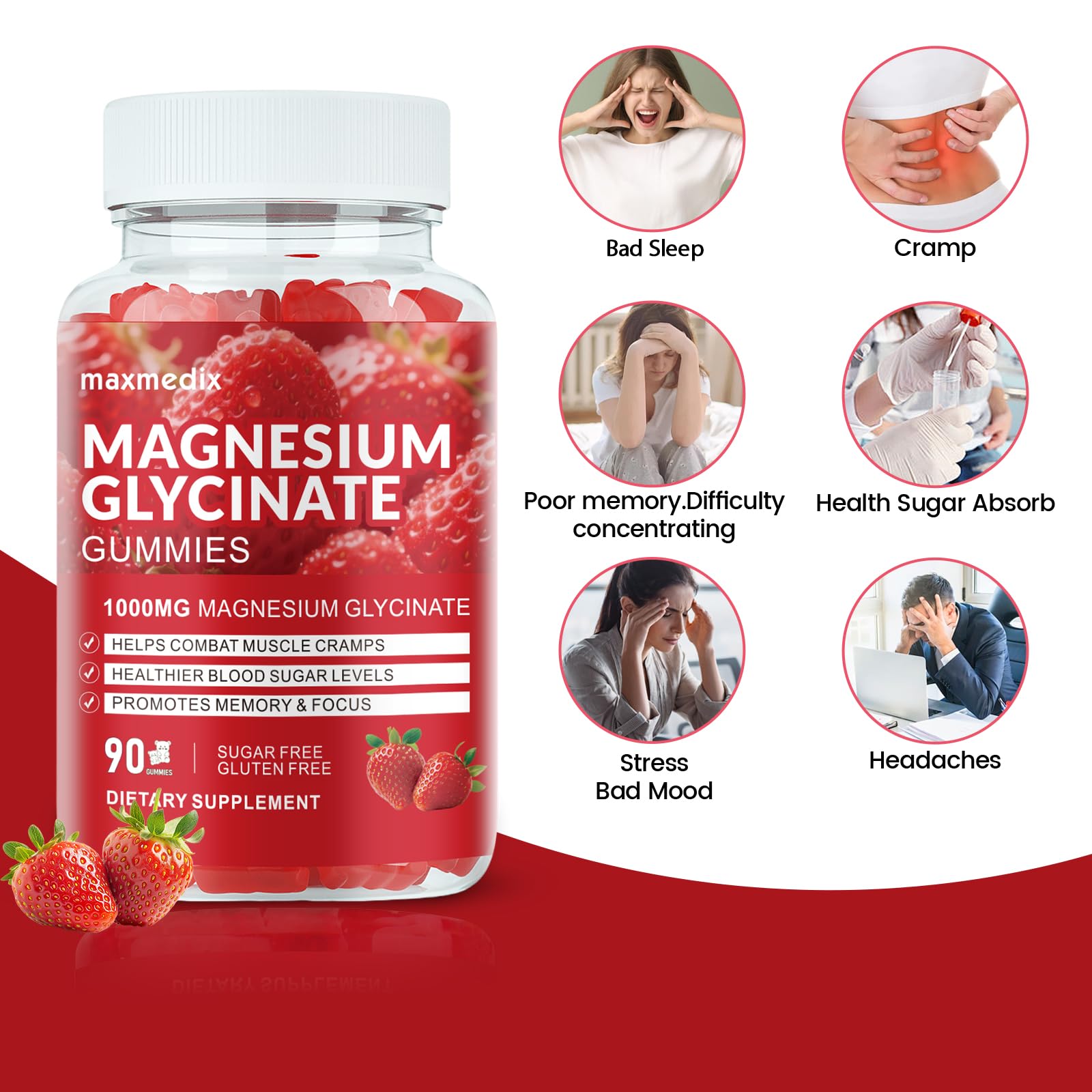 Magnesium Glycinate Gummies 1000mg, Sugar Free Magnesium Potassium Supplements Chewable for Adults with L-Threonate for Sleep, Body Support and Relaxation,90 Strawberry Gummies maxmedix Au supplements