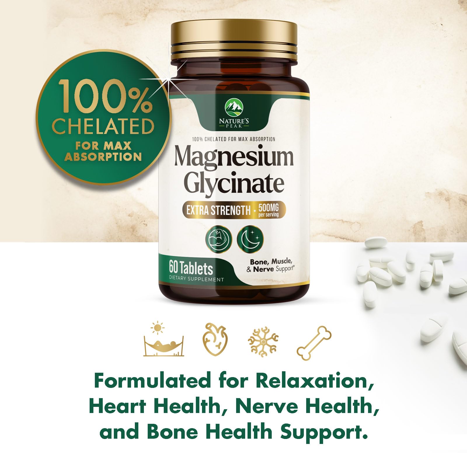 Magnesium Glycinate 500mg Per Serving - High Absorption Chelated Magnesium Supplement for Muscle, Bone and Heart Health Support - Easy Digestion & Gentle on Your Stomach - USA Bottled - 60 Tablets Nature's Peak Au supplements